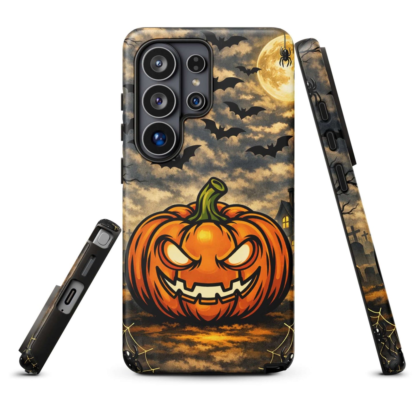 Phone Case for Samsung Galaxy featuring spooky Halloween design with glowing jack-o'-lantern and bats in moonlit scene.