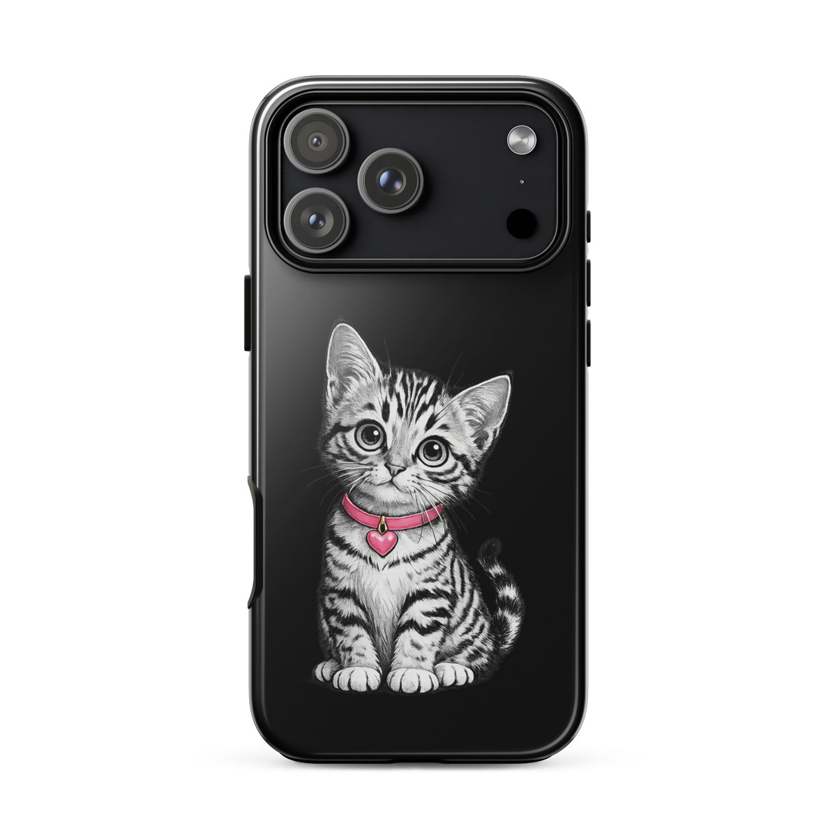 Phone Case for iPhone with pencil sketch kitten and pink heart charm, black-and-white design for style and protection.