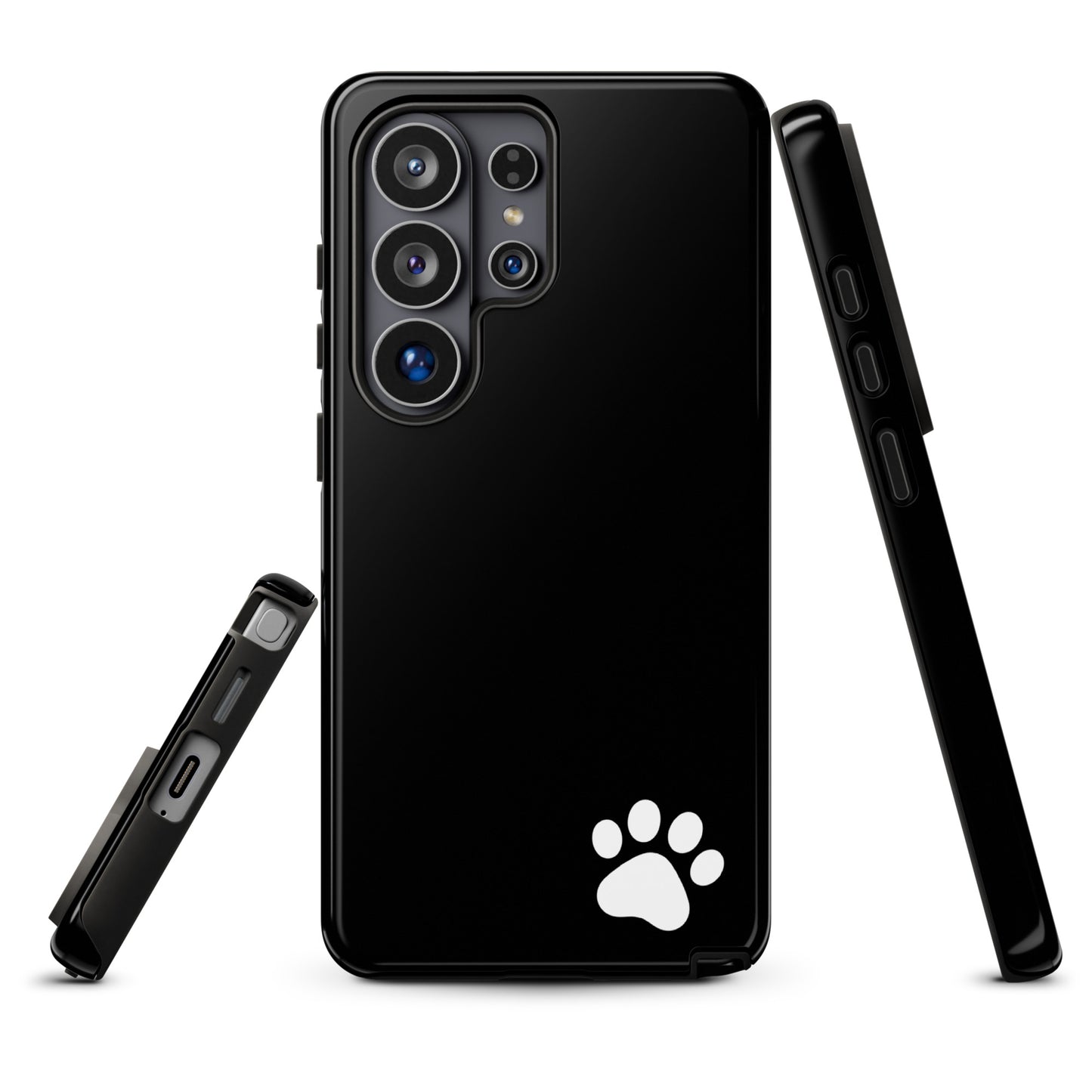 Phone Case for Samsung Galaxy with paw-print design, black minimalist tough case featuring white paw print in the corner.