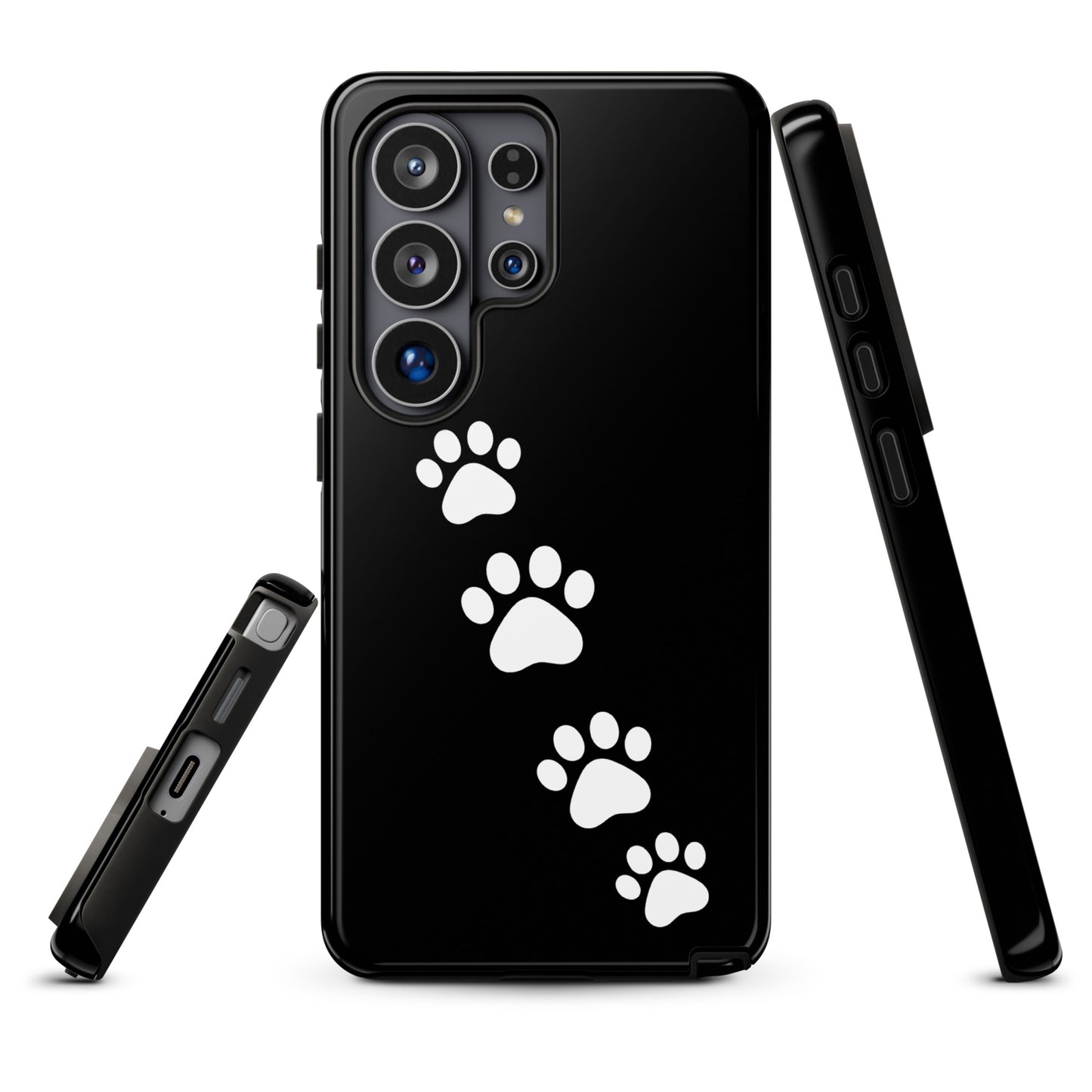 Phone case for Samsung Galaxy with white paw-print trail design.