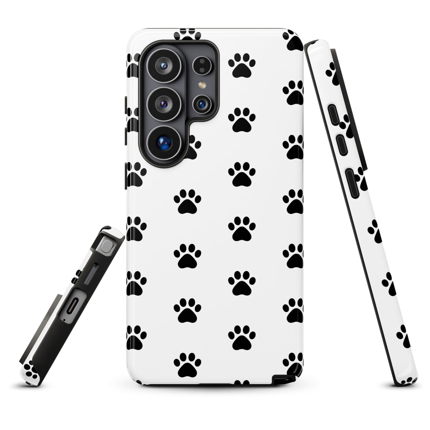 Phone Case for Samsung Galaxy with black paw print design on white background, perfect for pet lovers, featuring minimalist cat and dog pattern.