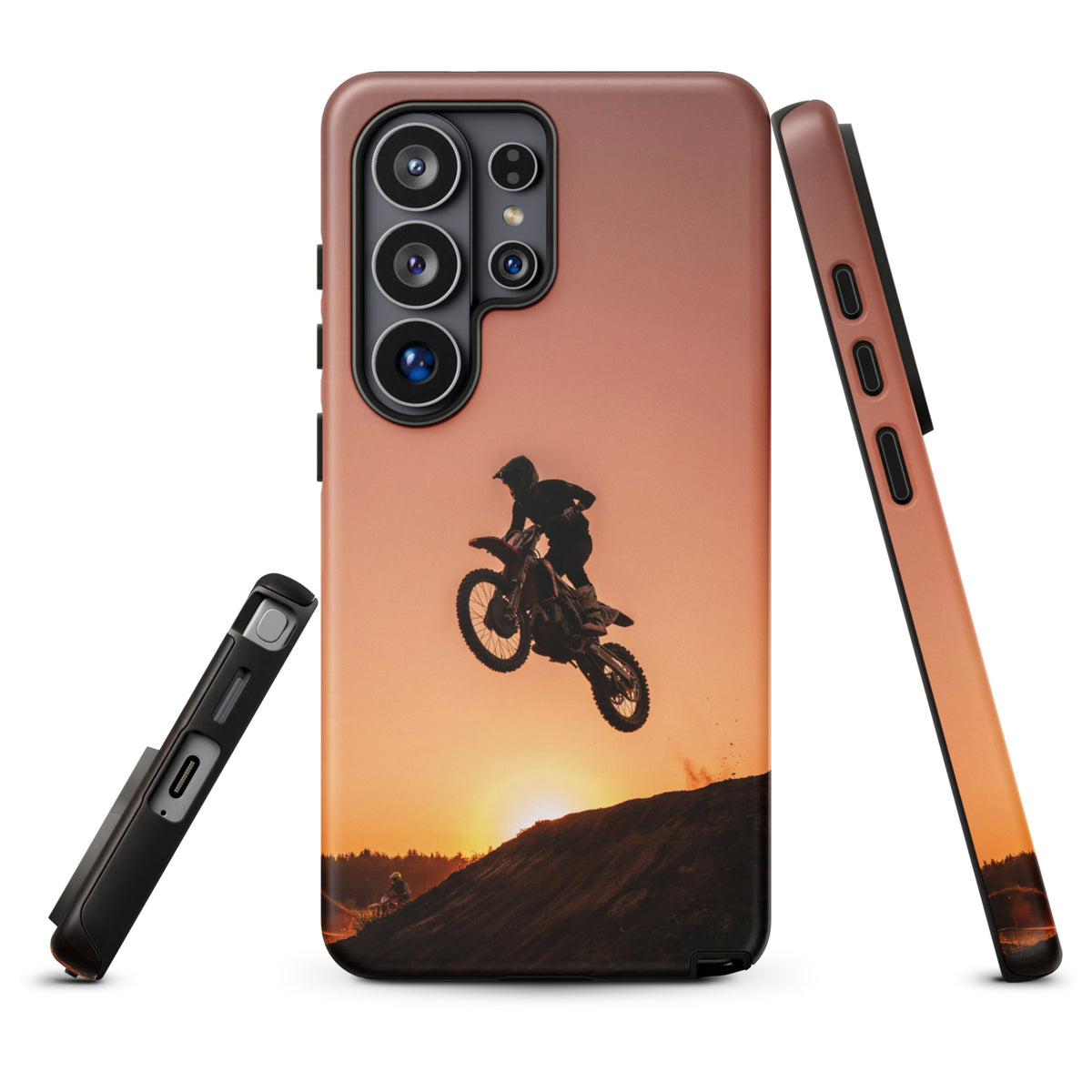 Phone Case for Samsung Galaxy with motocross sunset dirt bike design in copper, gold, and black, featuring a biker silhouette.