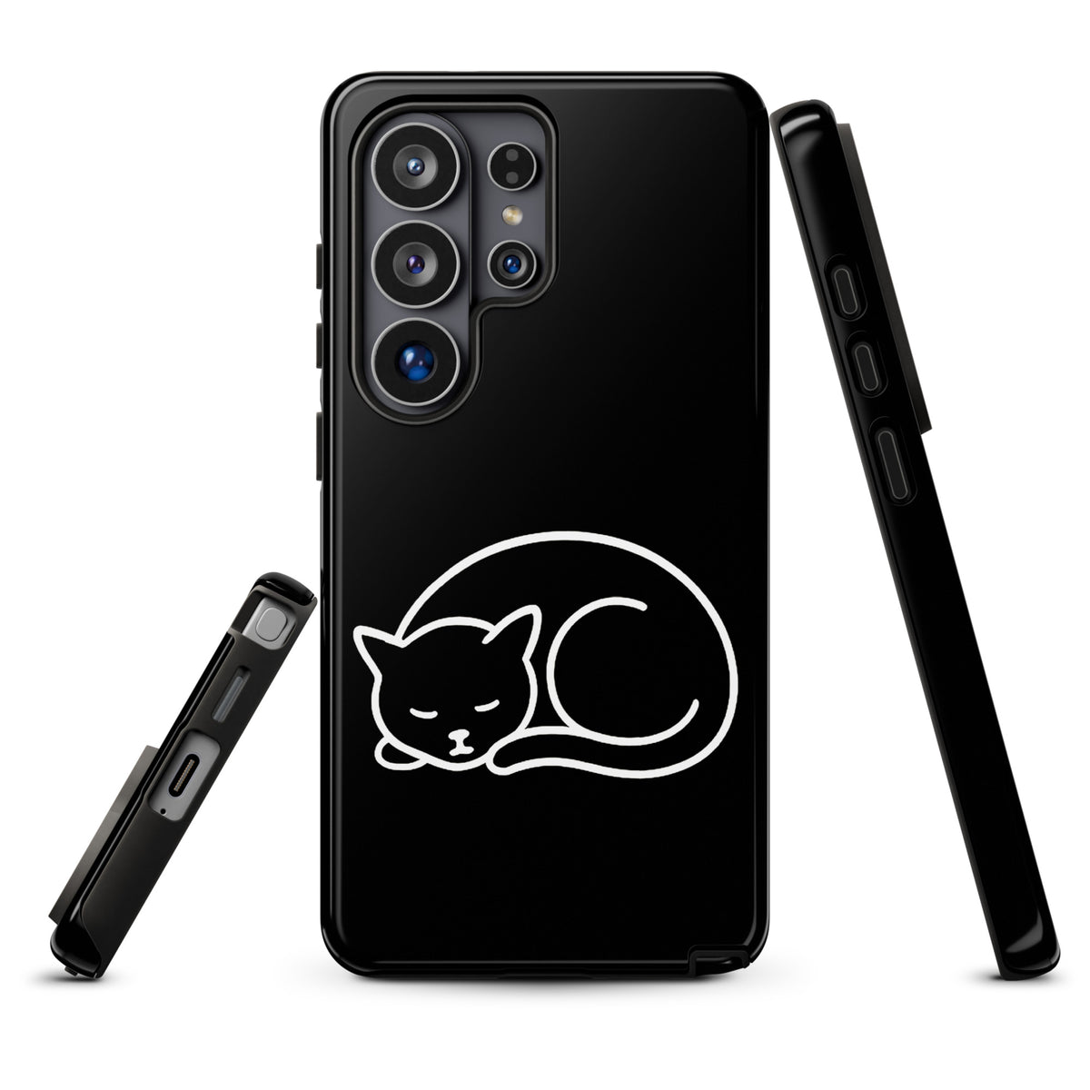 Phone Case for Samsung Galaxy with minimalist curled-up cat design, black and white, dual-layer protection, for cat lovers.