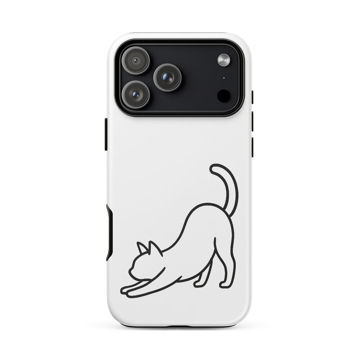 Phone Case for iPhone with minimalist stretching cat design for cat lovers, offering sleek aesthetics and impact protection.