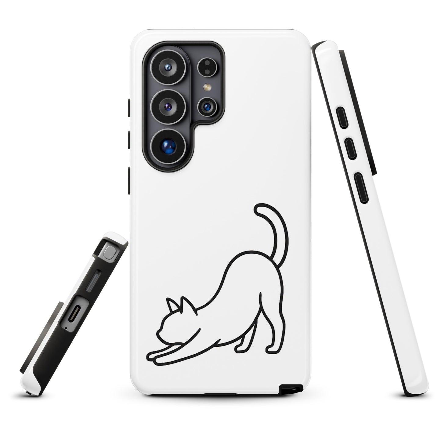Phone Case for Samsung Galaxy with minimalist stretching cat design in white and black, offering aesthetic and impact protection.