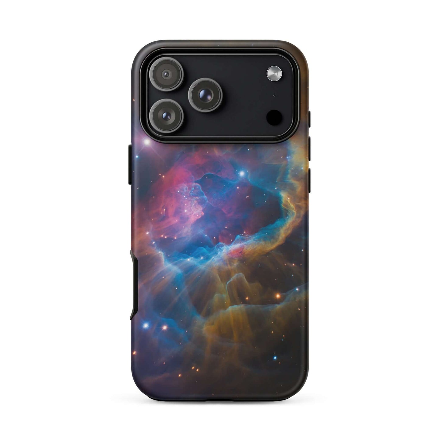 Phone Case for iPhone with Nebula Cosmic Dreamscape design featuring a starburst pattern in electric blues and fiery oranges.