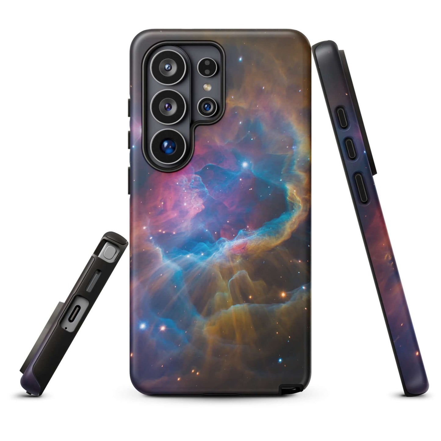 Phone Case for Samsung Galaxy with nebula cosmic design in blue, orange, and pink, featuring starburst pattern for a bold, celestial look.