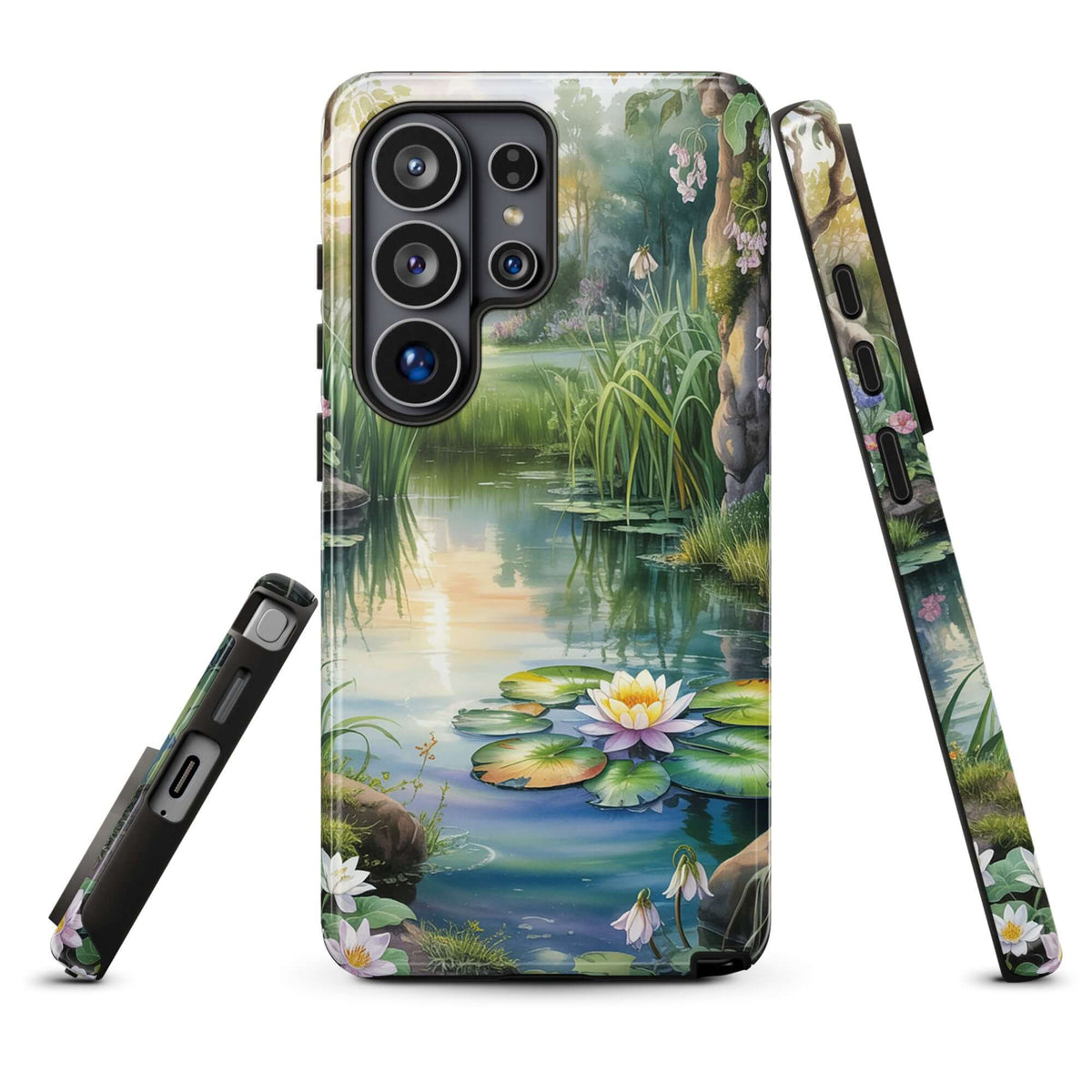 Phone Case for Samsung Galaxy featuring a serene lily pond with sunset reflections and wildflowers, called Enchanted Pond.