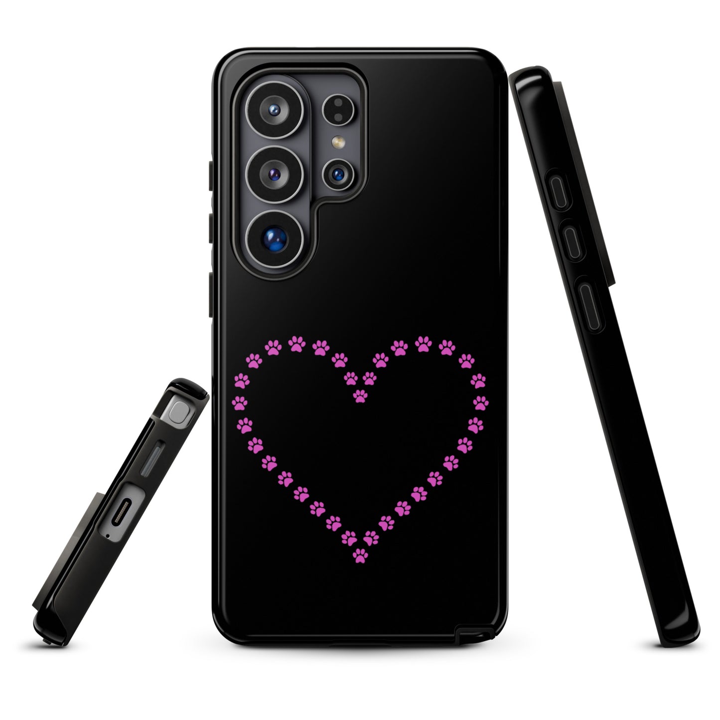 Phone Case for Samsung Galaxy with pink paw print heart design in black, ideal for pet lovers, blends style and protection.