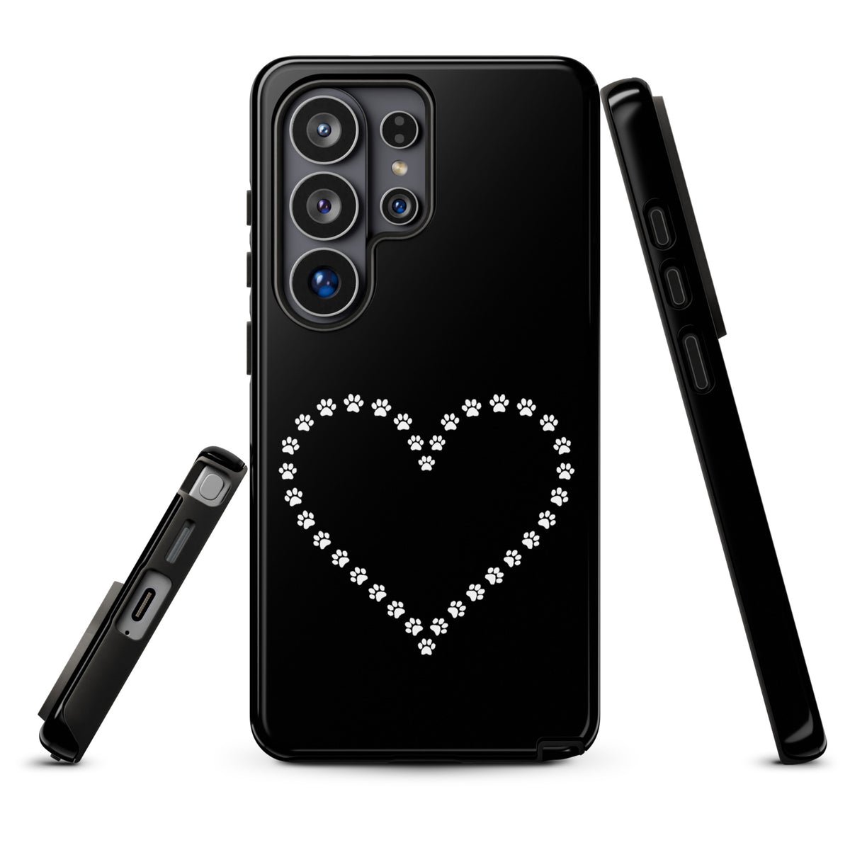 Phone Case for Samsung Galaxy with paw print heart design in black and white, ideal for cat and dog lovers.