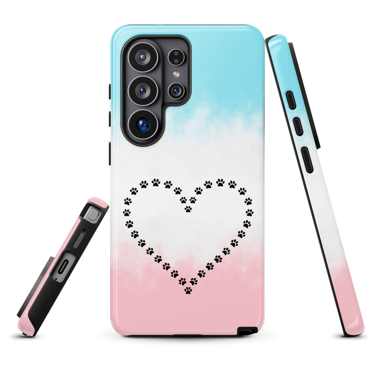 Phone Case for Samsung Galaxy with paw print heart design in blue, white, and pink colors, perfect for pet lovers' smartphones.