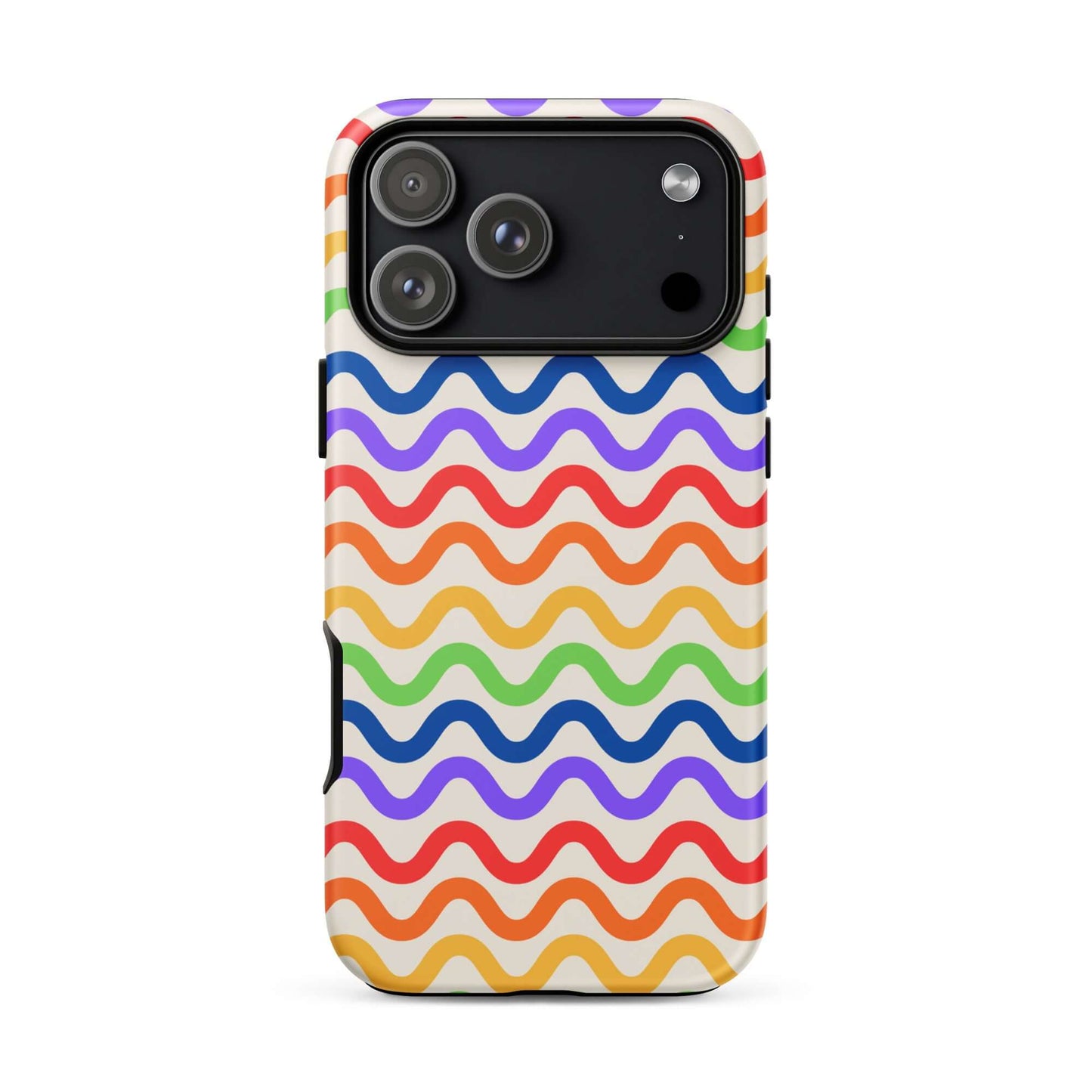 Phone Case for iPhone with wavy rainbow pattern, featuring purple, red, orange, yellow, green, and blue lines on a white backdrop.