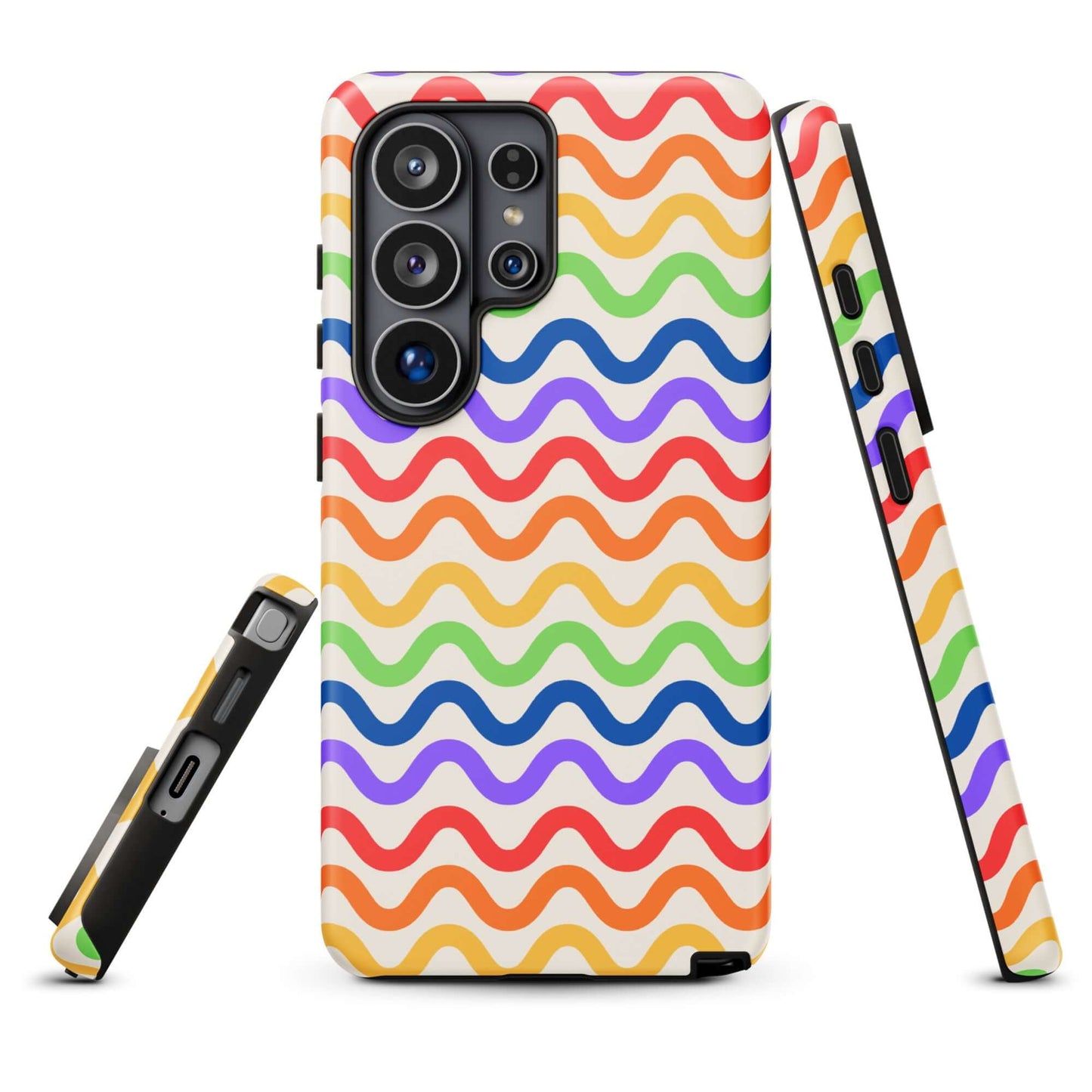 Phone Case for Samsung Galaxy with wavy rainbow pattern, featuring vibrant purple, red, orange, yellow, green, and blue waves.