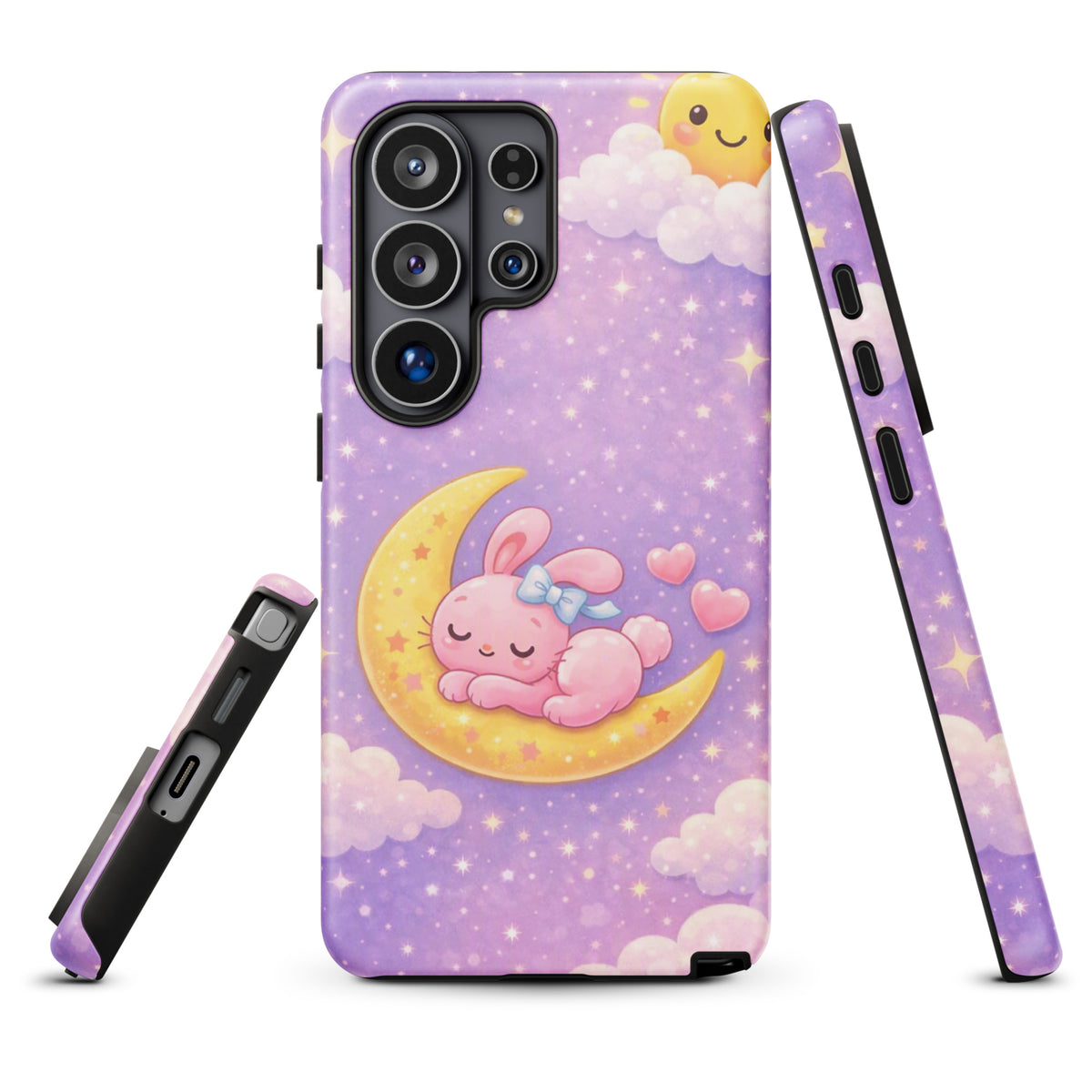 Phone Case for Samsung Galaxy with cozy dreamy bunny snoozing on a crescent moon design, surrounded by stars.