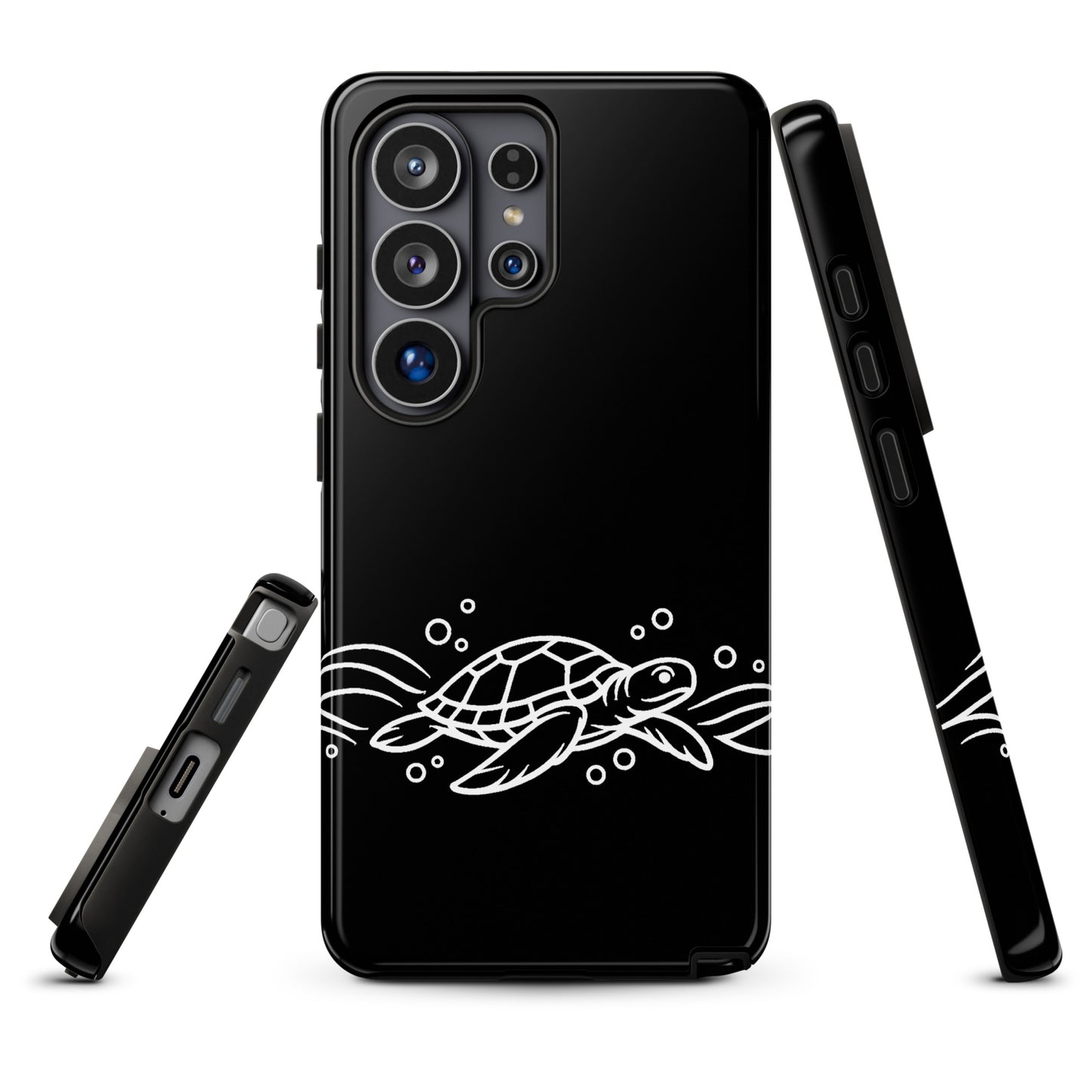 Phone Case for Samsung Galaxy with minimalist sea turtle design on black background.