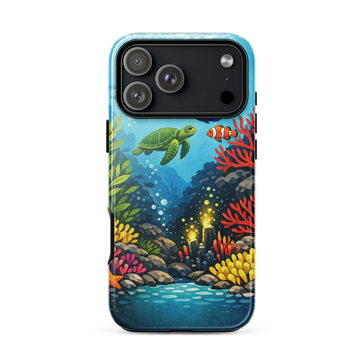 Phone case for iPhone featuring vibrant sea turtle and coral reef design with tropical fish and colorful underwater scene.
