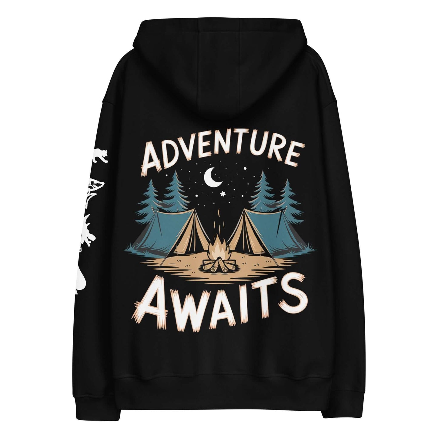 Adult Premium Eco Hoodie - Camping Edition, featuring 'Adventure Awaits' graphic with tents and trees.
