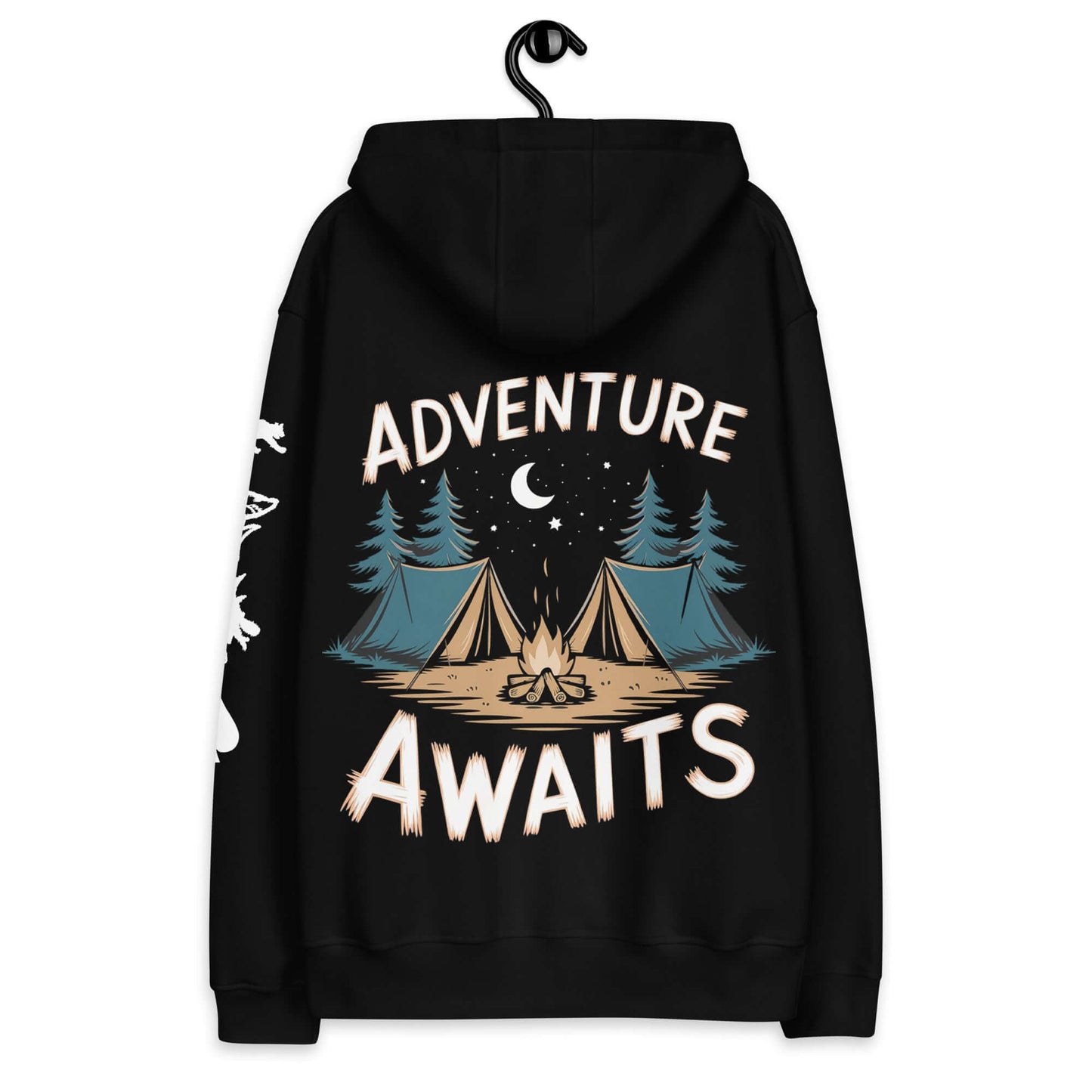 Back view of black Eco Hoodie featuring 'Adventure Awaits' design with tents, trees, and a campfire, perfect for camping enthusiasts.