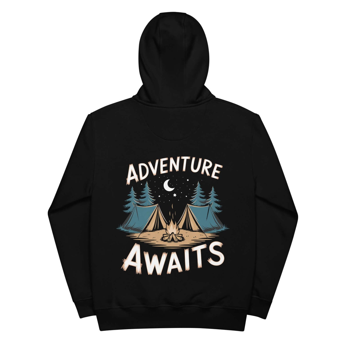 Adult Premium Eco Hoodie Camping Edition featuring 'Adventure Awaits' design with trees and tents.