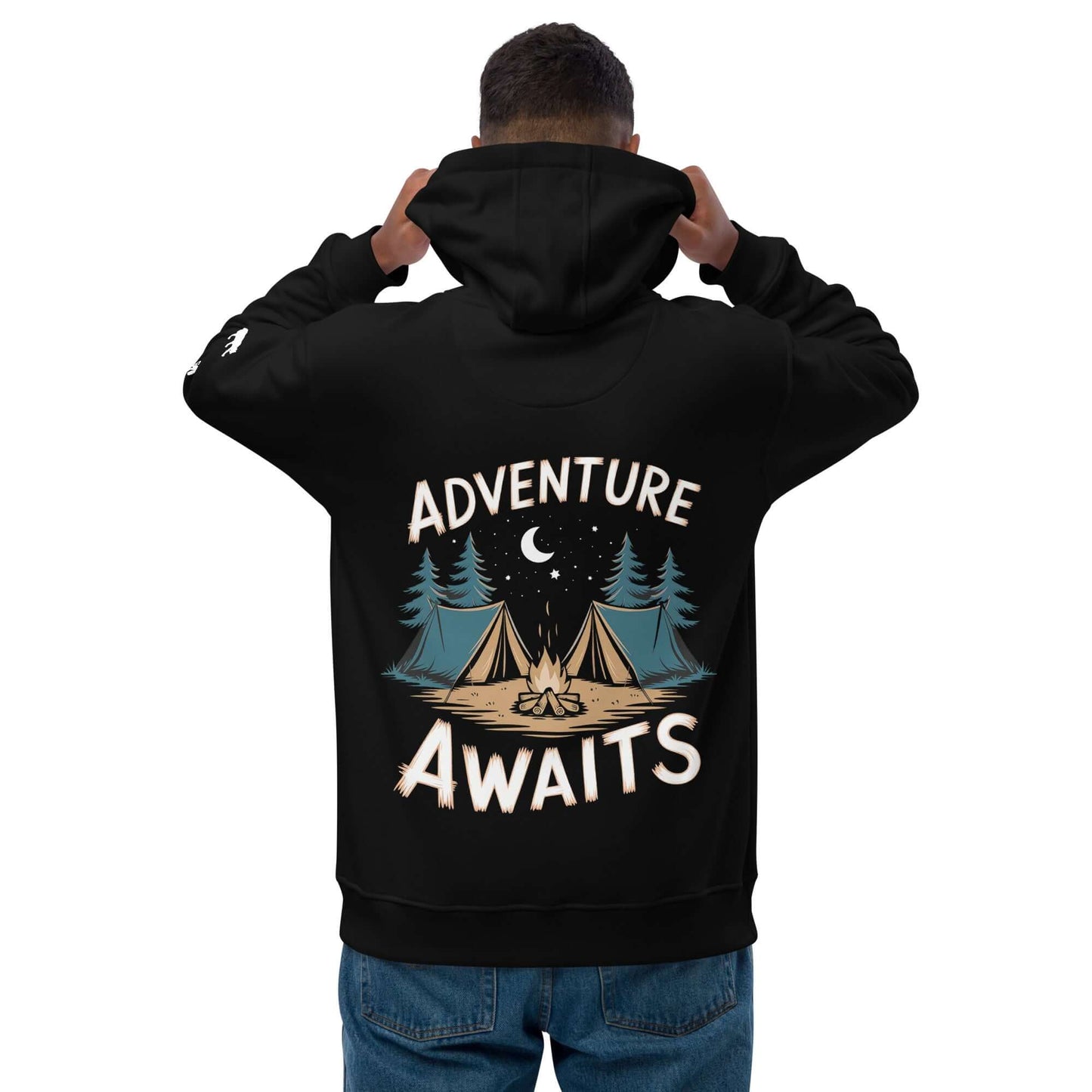 Adult Premium Eco Hoodie – Camping Edition with 'Adventure Awaits' graphic design, perfect for eco-friendly outdoor enthusiasts.