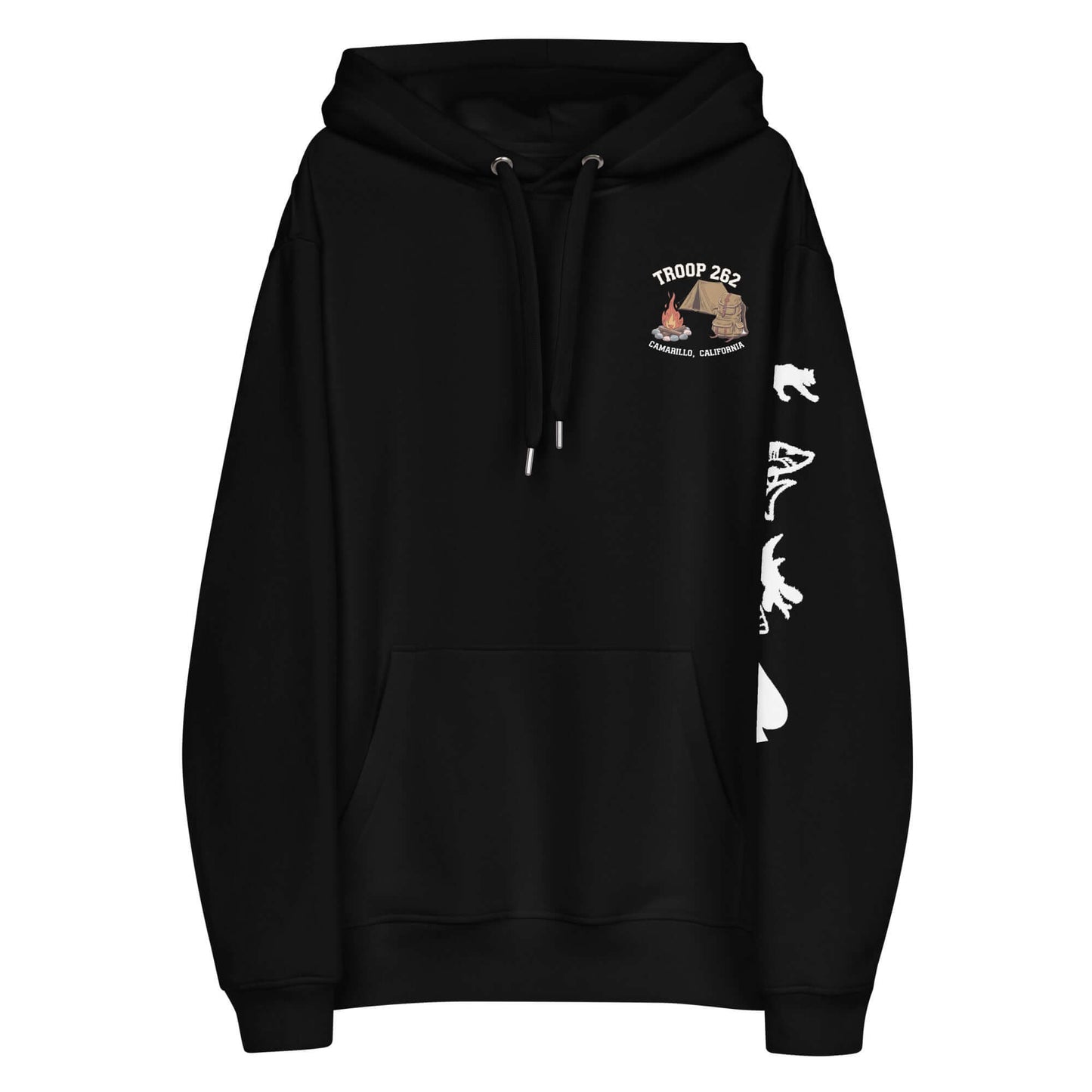 Adult Premium Eco Hoodie – Camping Edition in black with Troop 262 logo and animal designs.