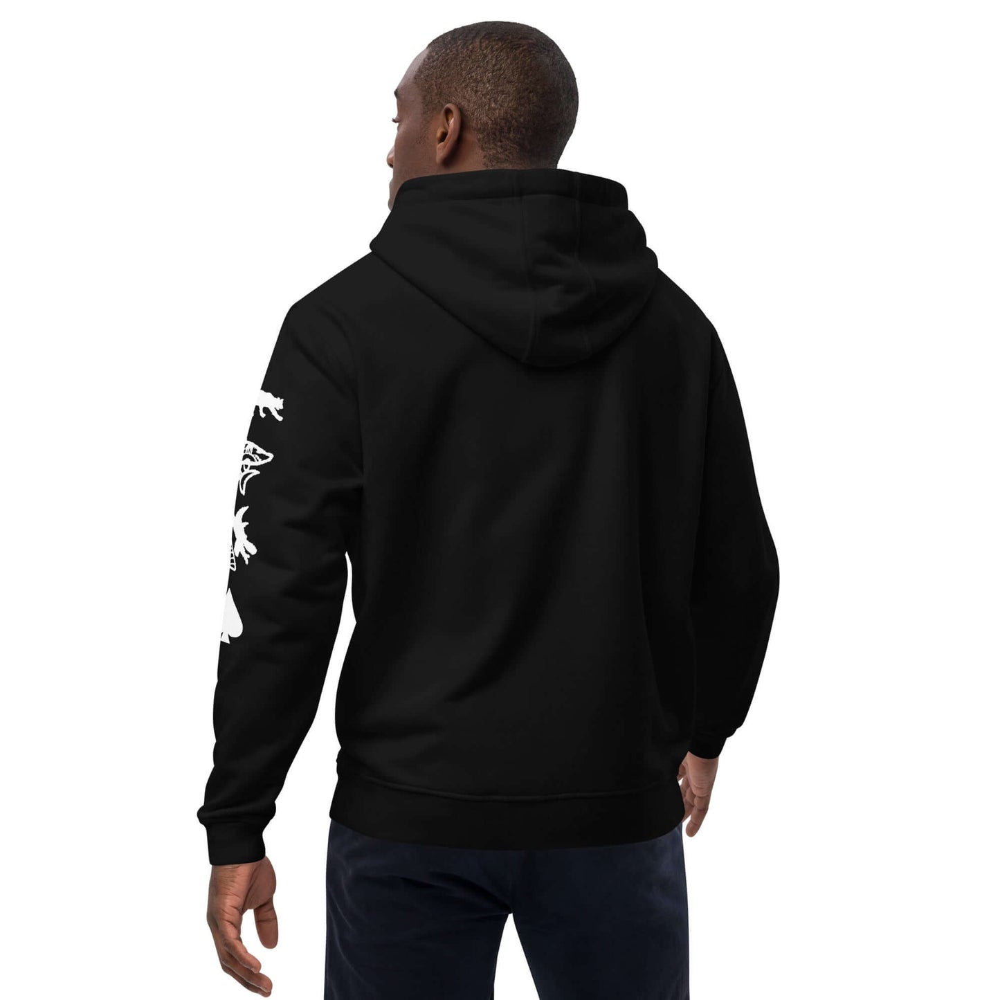 Back view of man wearing Adult Premium Eco Hoodie - Camping Edition, showcasing its stylish design and comfort.