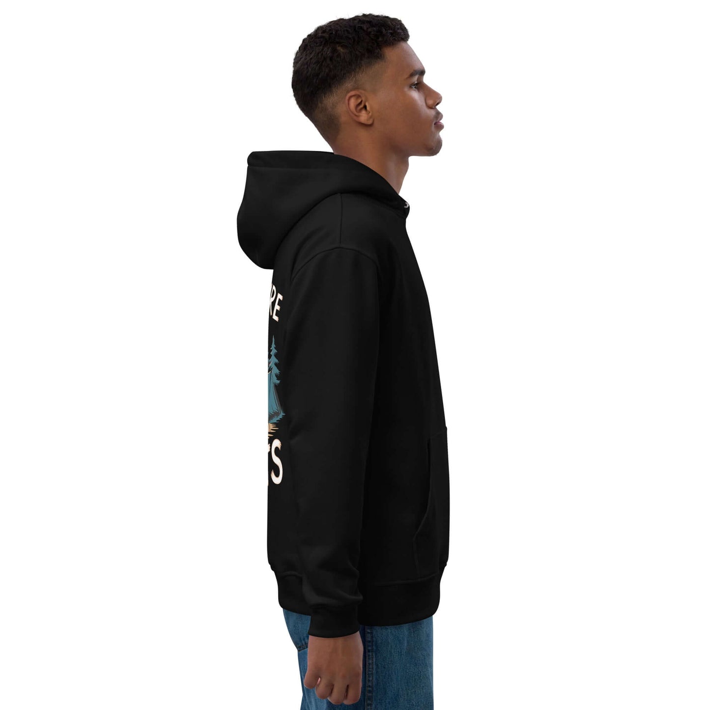 Side view of the Adult Premium Eco Hoodie – Camping Edition in black, showcasing eco-friendly design and unisex fit.