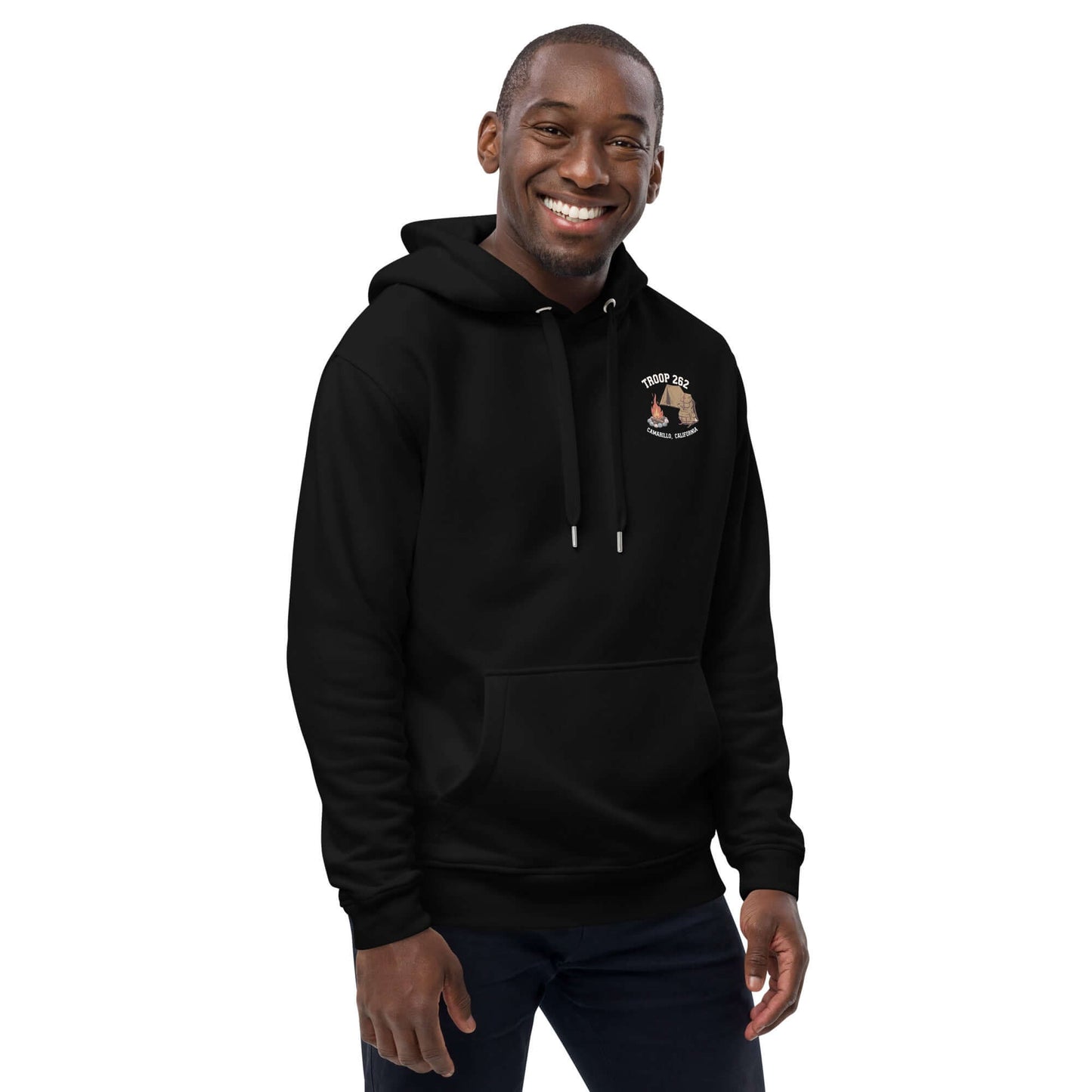 Man wearing Premium Eco Hoodie – Camping Edition, showcasing comfort and sustainable fashion.