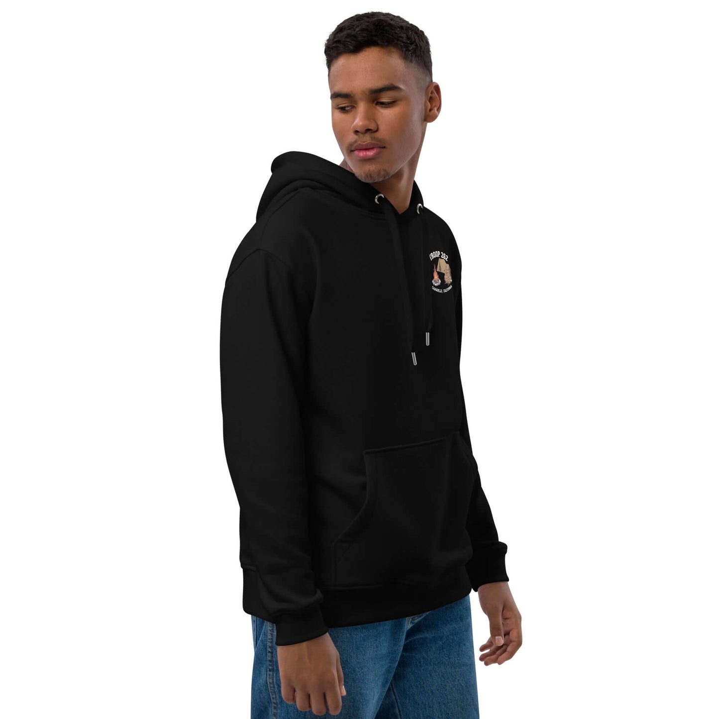 Adult Premium Eco Hoodie in black, featuring camping edition design and unisex fit, perfect for eco-conscious comfort.