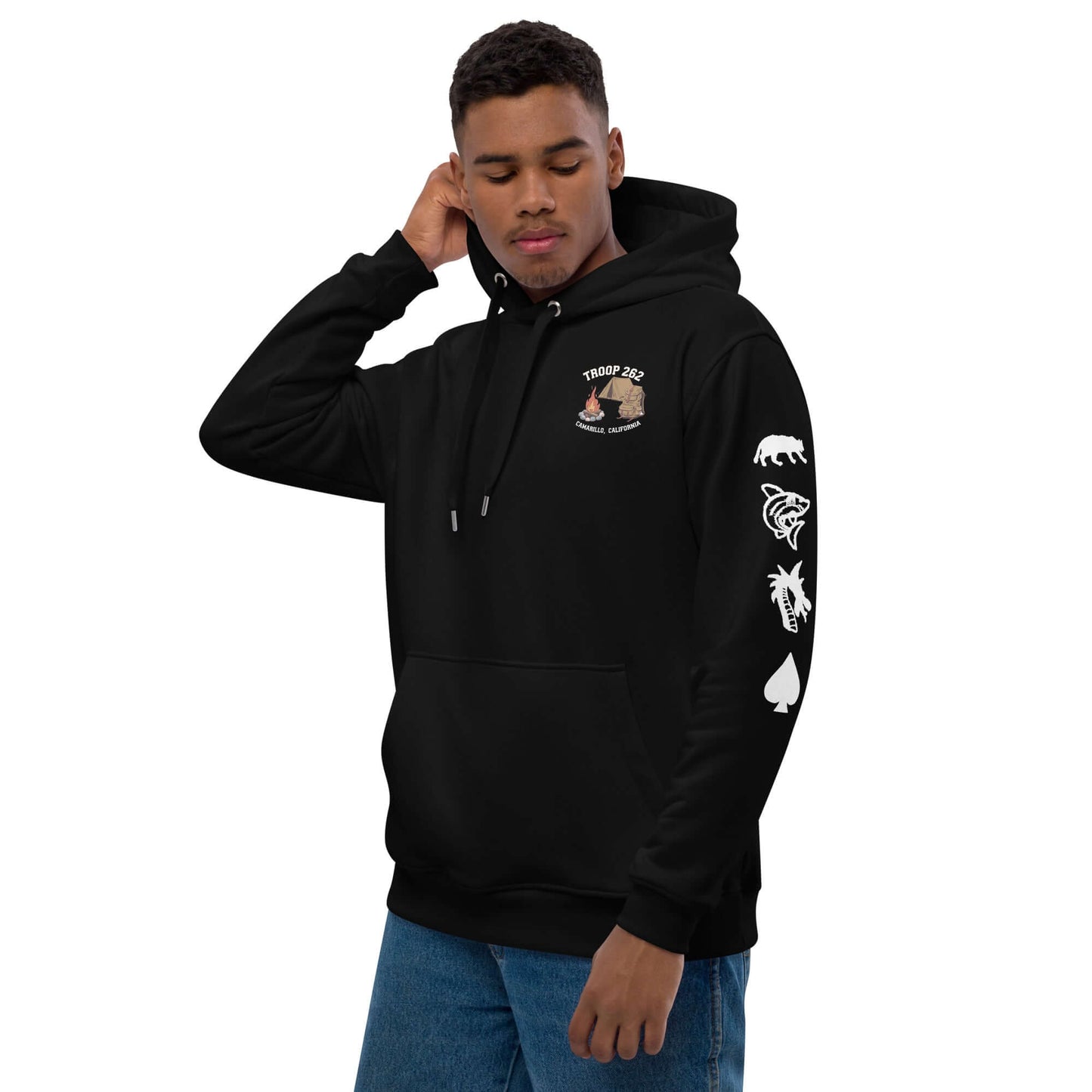 Young man wearing black Premium Eco Hoodie – Camping Edition, showcasing eco-friendly style and comfort.