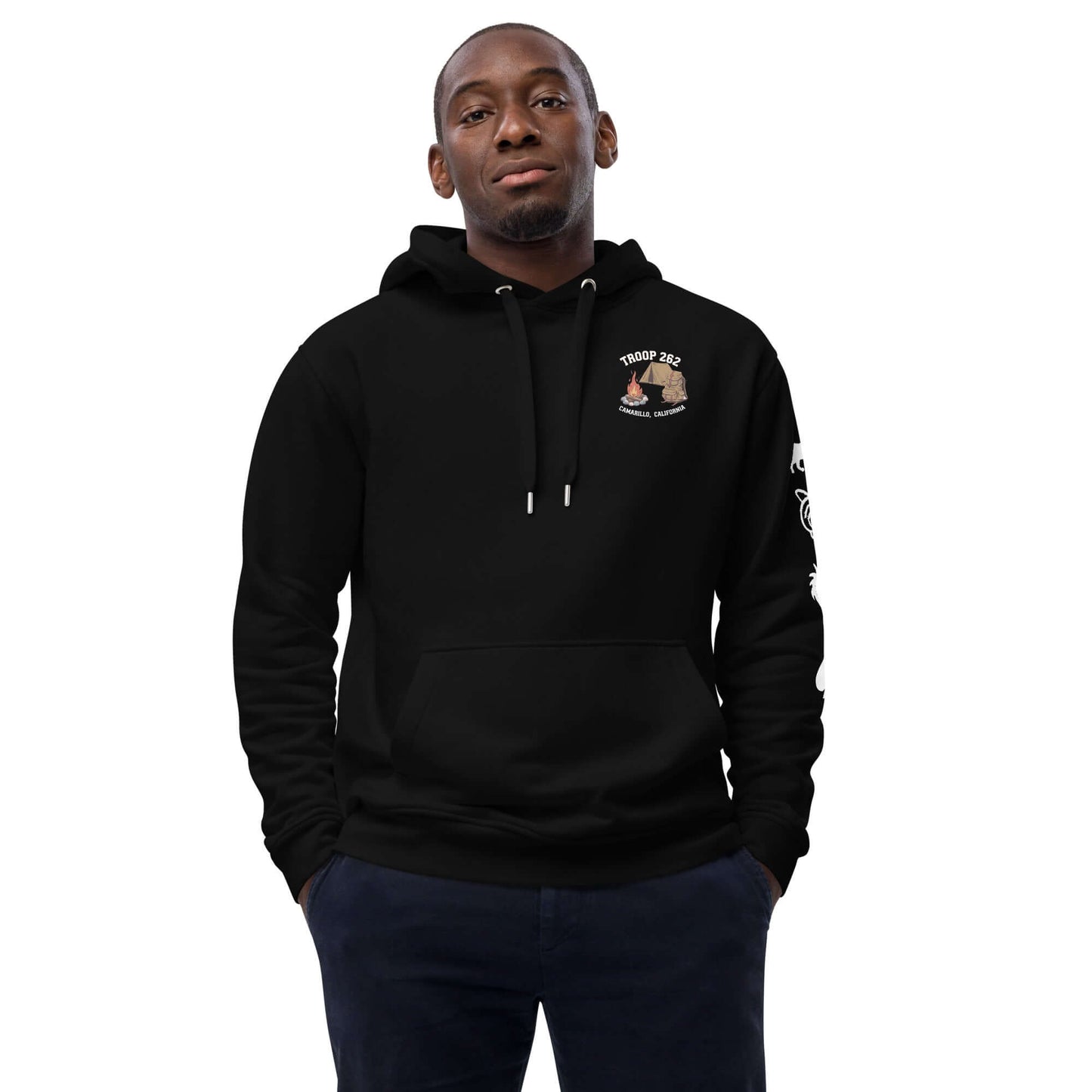 Model wearing black Adult Premium Eco Hoodie – Camping Edition featuring eco-friendly design.