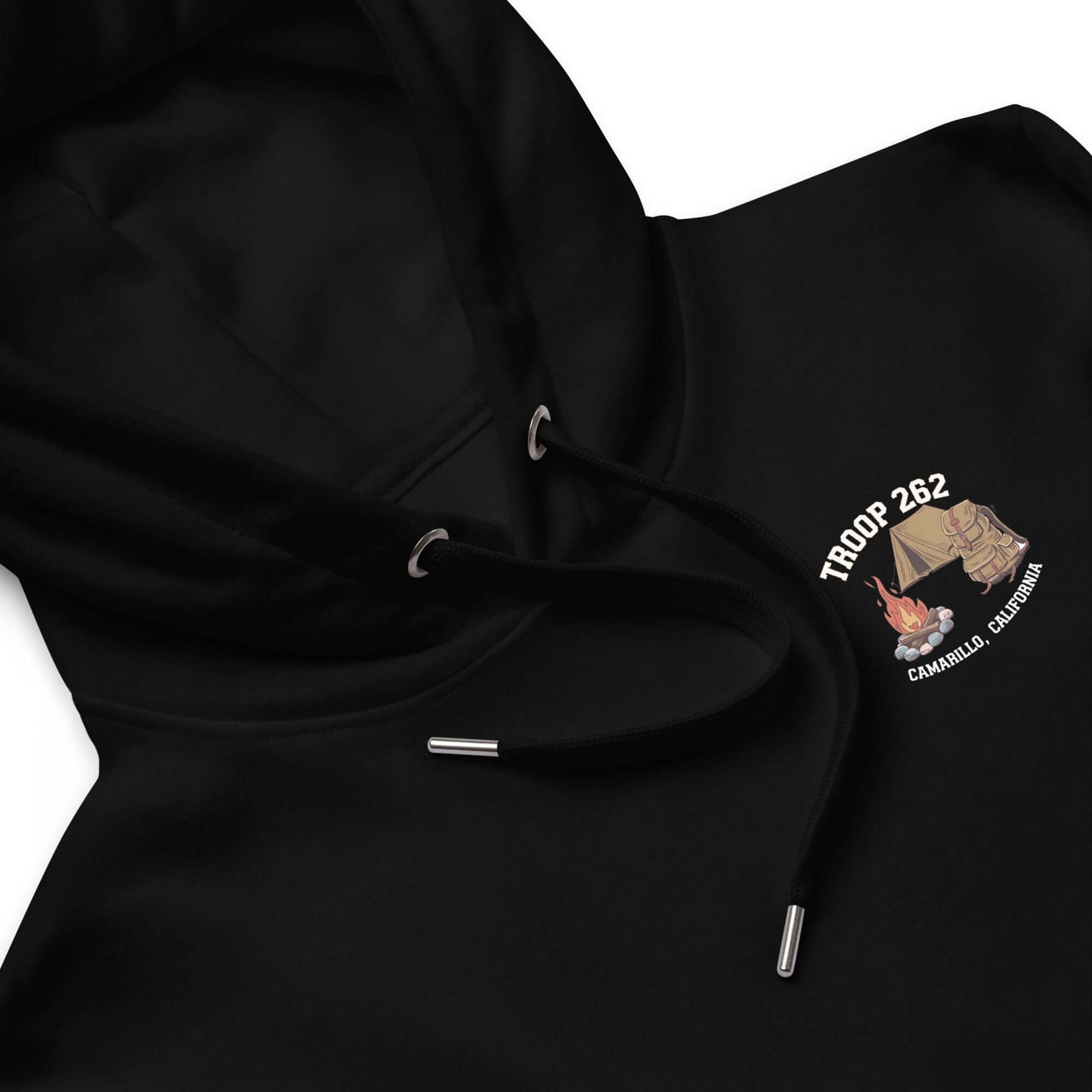 Black adult hoodie with 'TROOP 262' logo, featuring camping design, perfect for eco-friendly outdoor enthusiasts.