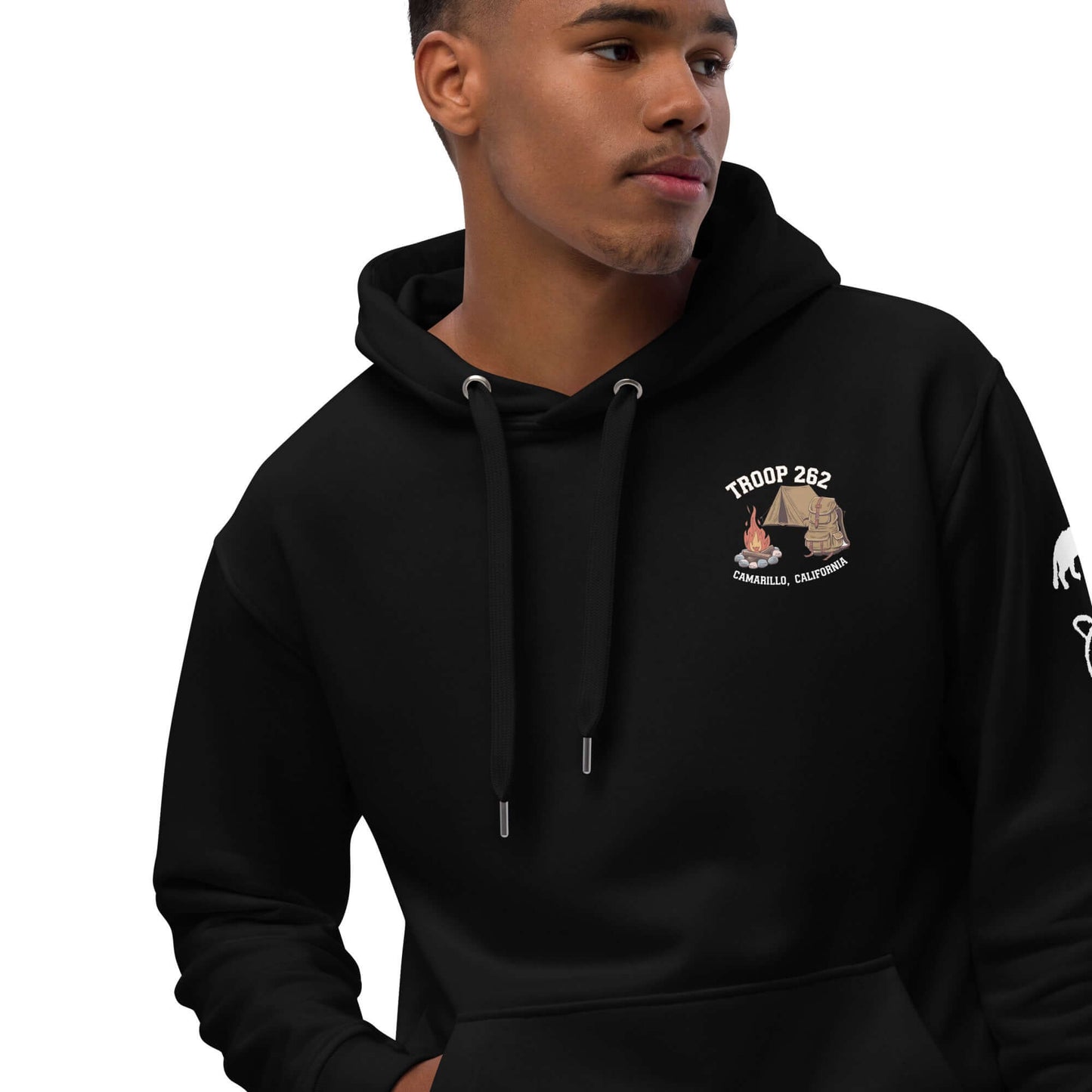 Model wearing a black hoodie featuring Troop 262 logo, showcasing eco-friendly and stylish design.