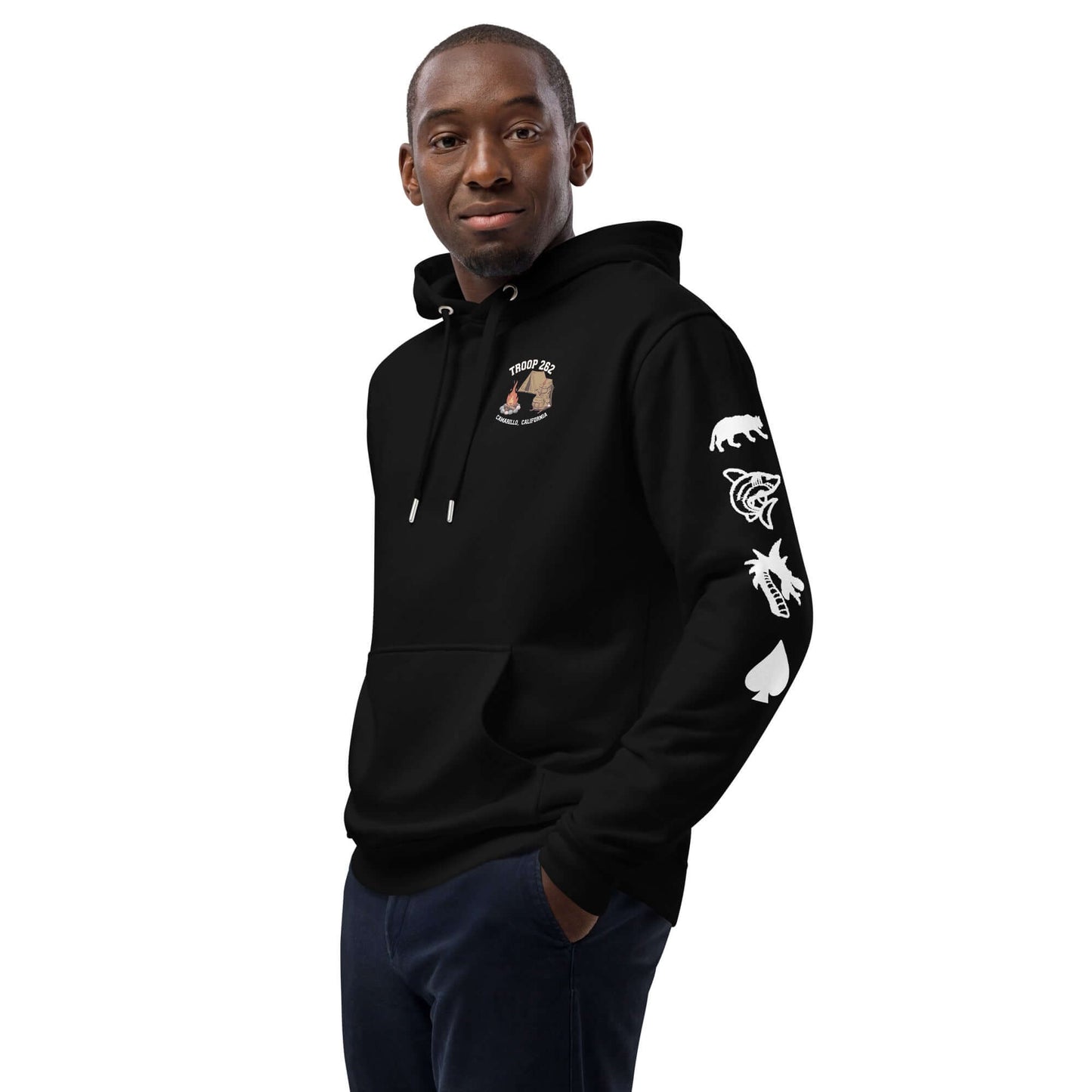Model wearing Adult Premium Eco Hoodie – Camping Edition in black, showcasing eco-friendly design and cozy fit.