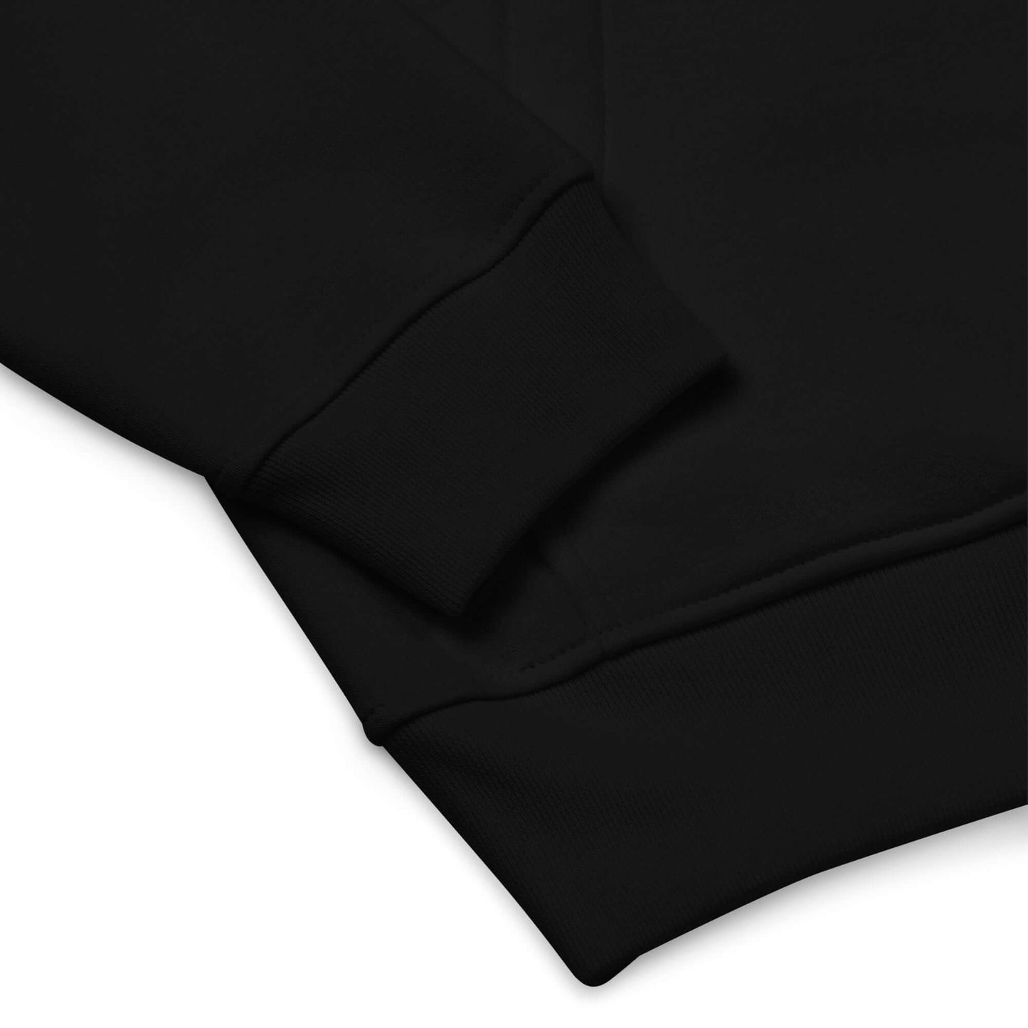 Close-up of the cuff on the Adult Premium Eco Hoodie – Camping Edition featuring a soft black fabric.