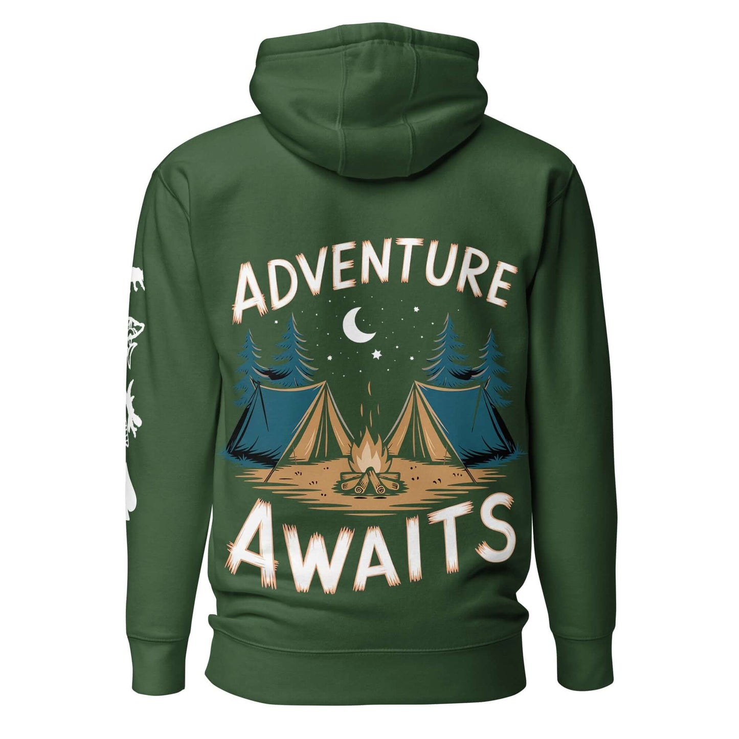 Adult unisex hoodie in green featuring 'Adventure Awaits' design with camping tents and trees.