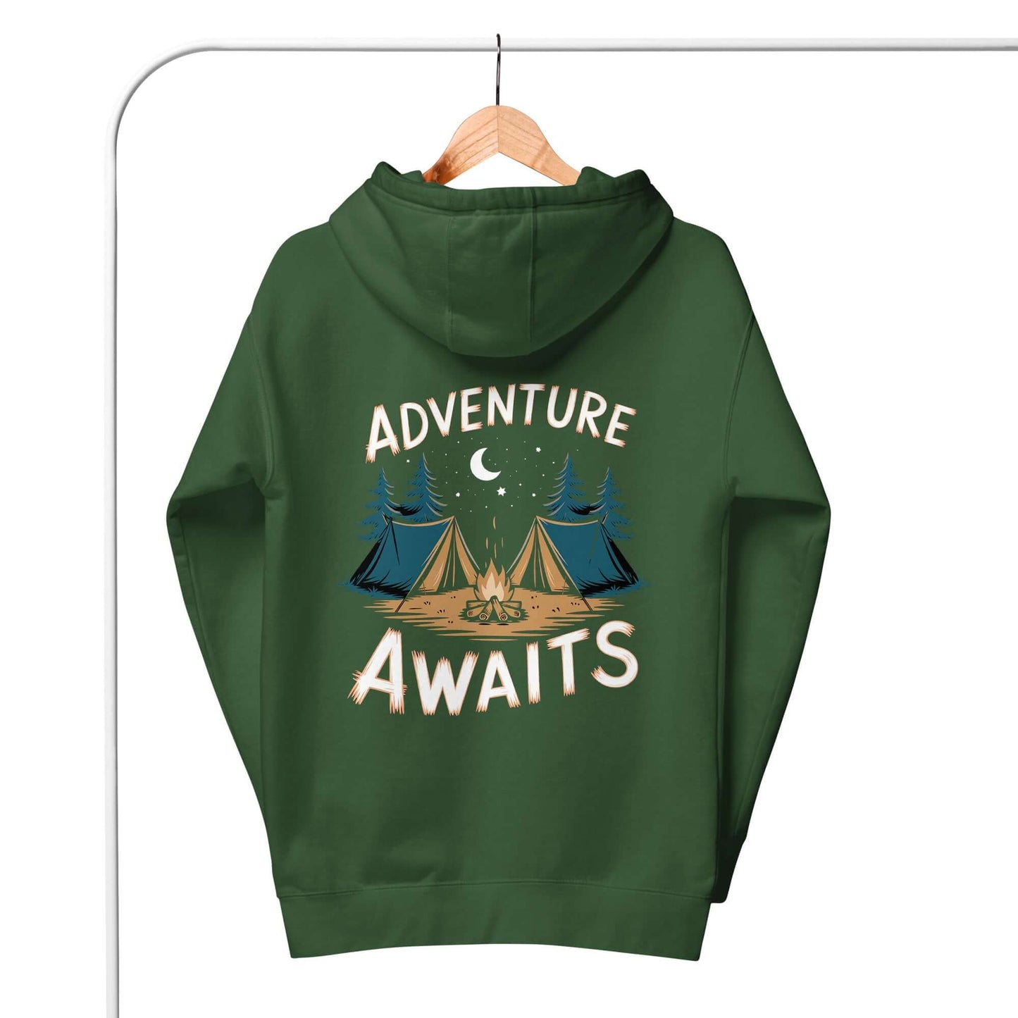 Adult unisex hoodie featuring 'Adventure Awaits' design with camping tents and trees, perfect for outdoor enthusiasts.