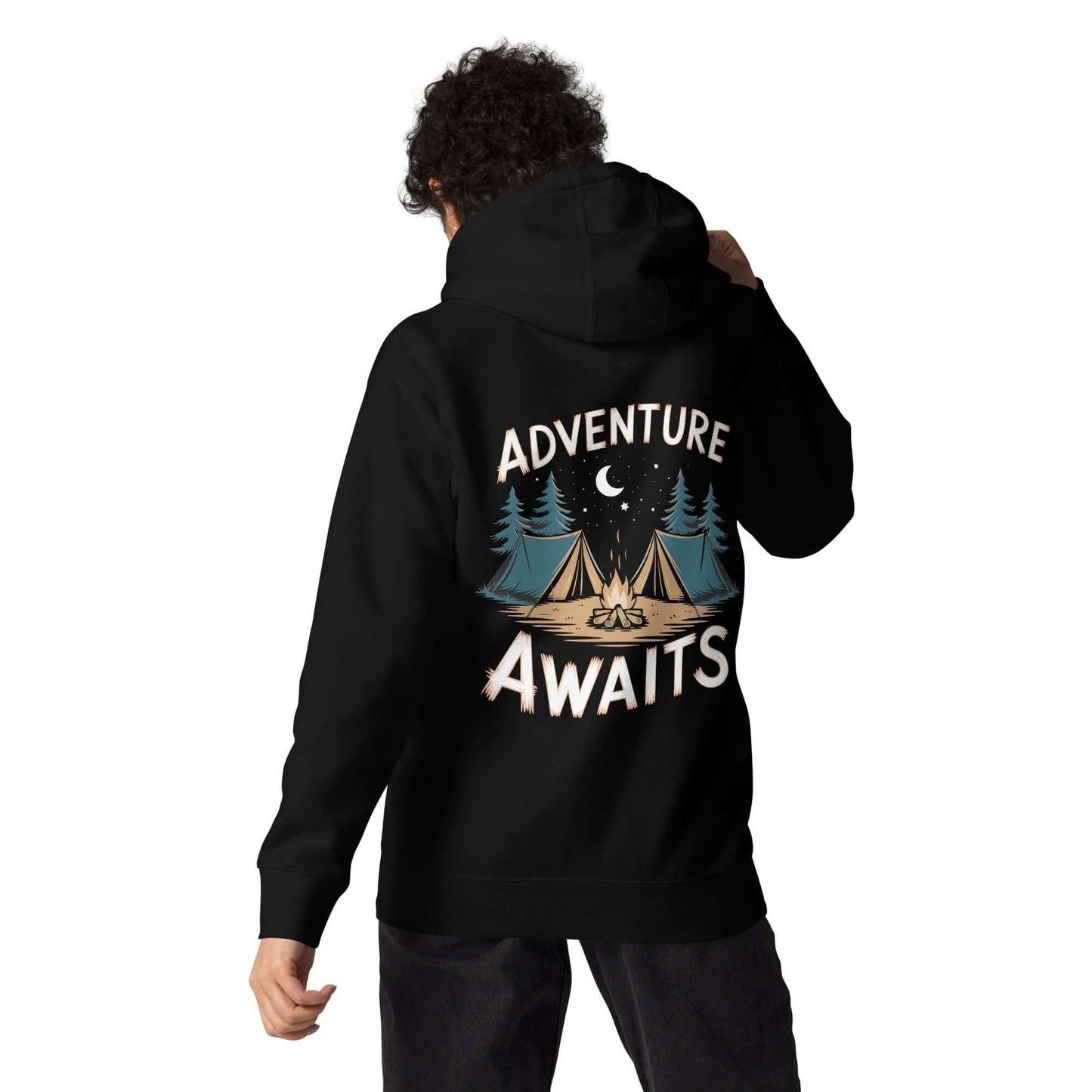 Adult unisex hoodie featuring 'Adventure Awaits' graphic, perfect for camping enthusiasts and daily wear.