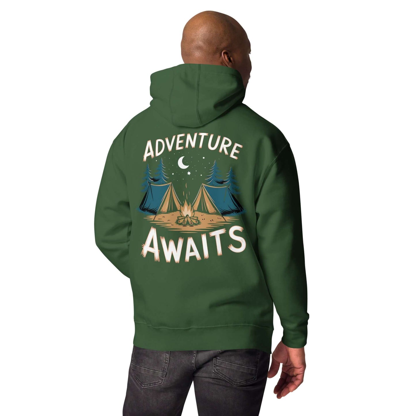 Adult unisex hoodie featuring 'Adventure Awaits' design, perfect for camping and displaying Troop 262 pride.