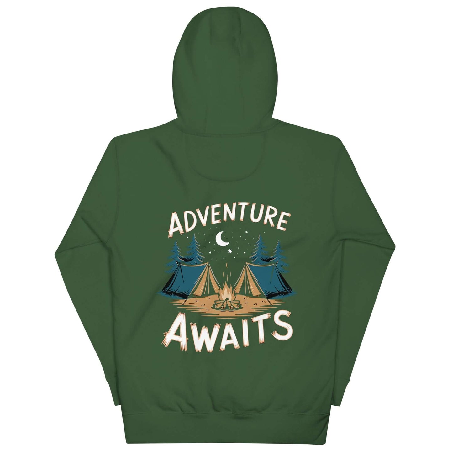 Adult unisex hoodie featuring 'Adventure Awaits' design with camping tents and trees, perfect for outdoor enthusiasts.