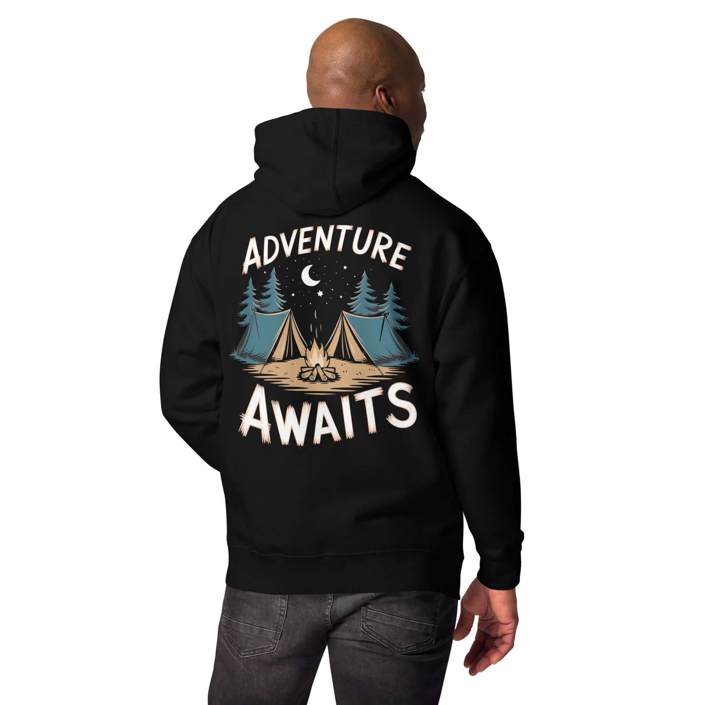 Adult unisex hoodie with camping design, featuring "Adventure Awaits" printed on the back, perfect for outdoor lovers.