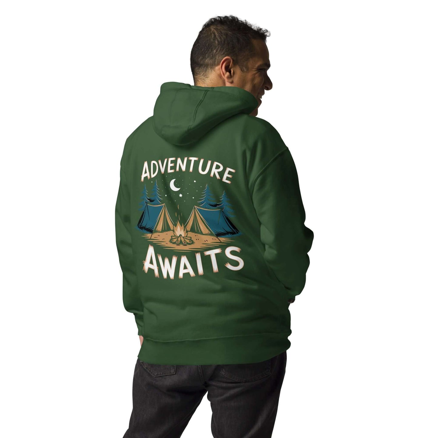 Adult unisex hoodie featuring 'Adventure Awaits' design, perfect for camping and representing Troop 262.