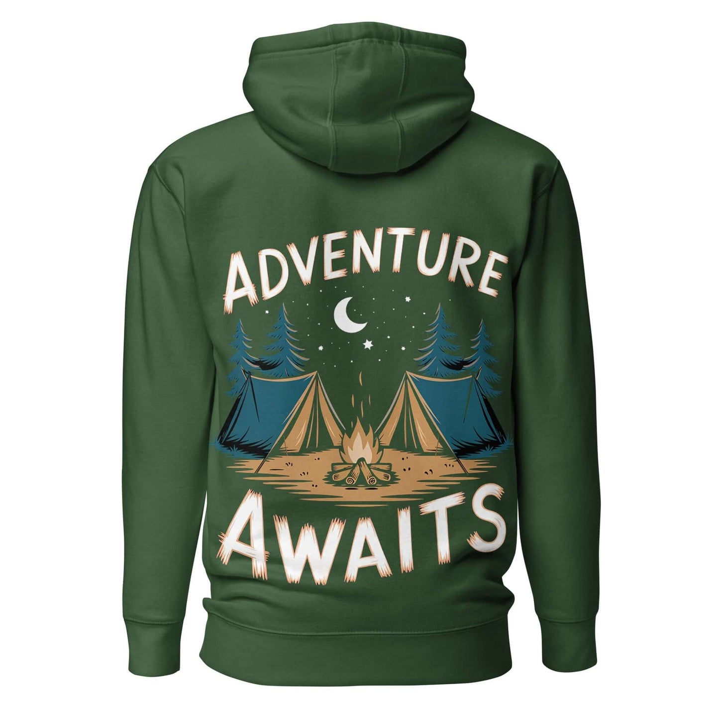 Back view of Adult Unisex Hoodie showcasing 'Adventure Awaits' graphic with tents and moon design.