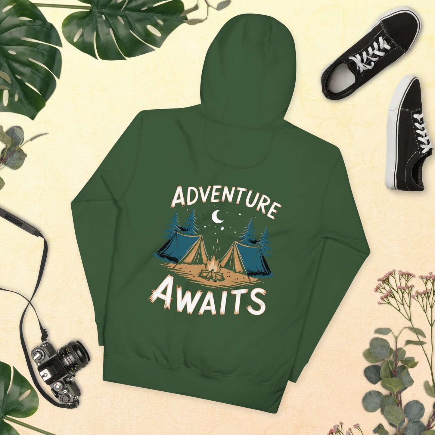 Adult unisex hoodie featuring 'Adventure Awaits' design with camping tents, perfect for Troop 262's Assistant Scout Master.