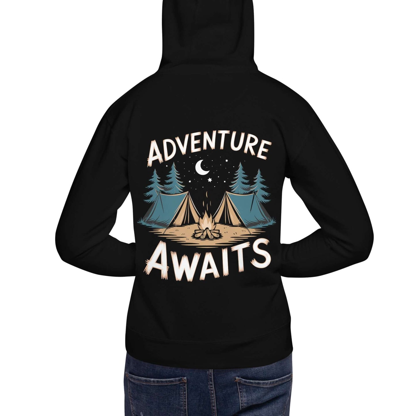 Black unisex hoodie featuring the phrase 'Adventure Awaits' with camping graphics on the back.