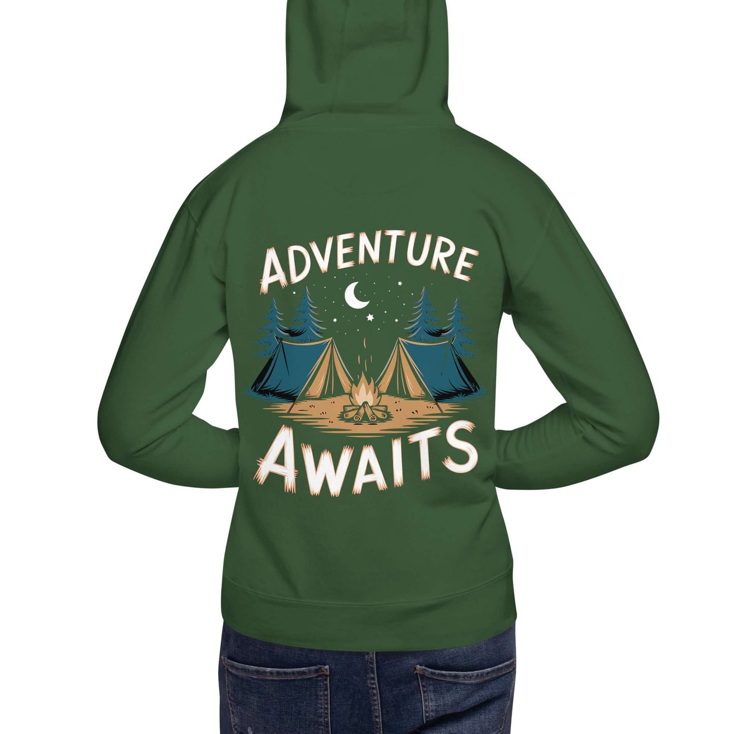 Adult Unisex Hoodie featuring 'Adventure Awaits' design with tents and trees, perfect for camping enthusiasts.
