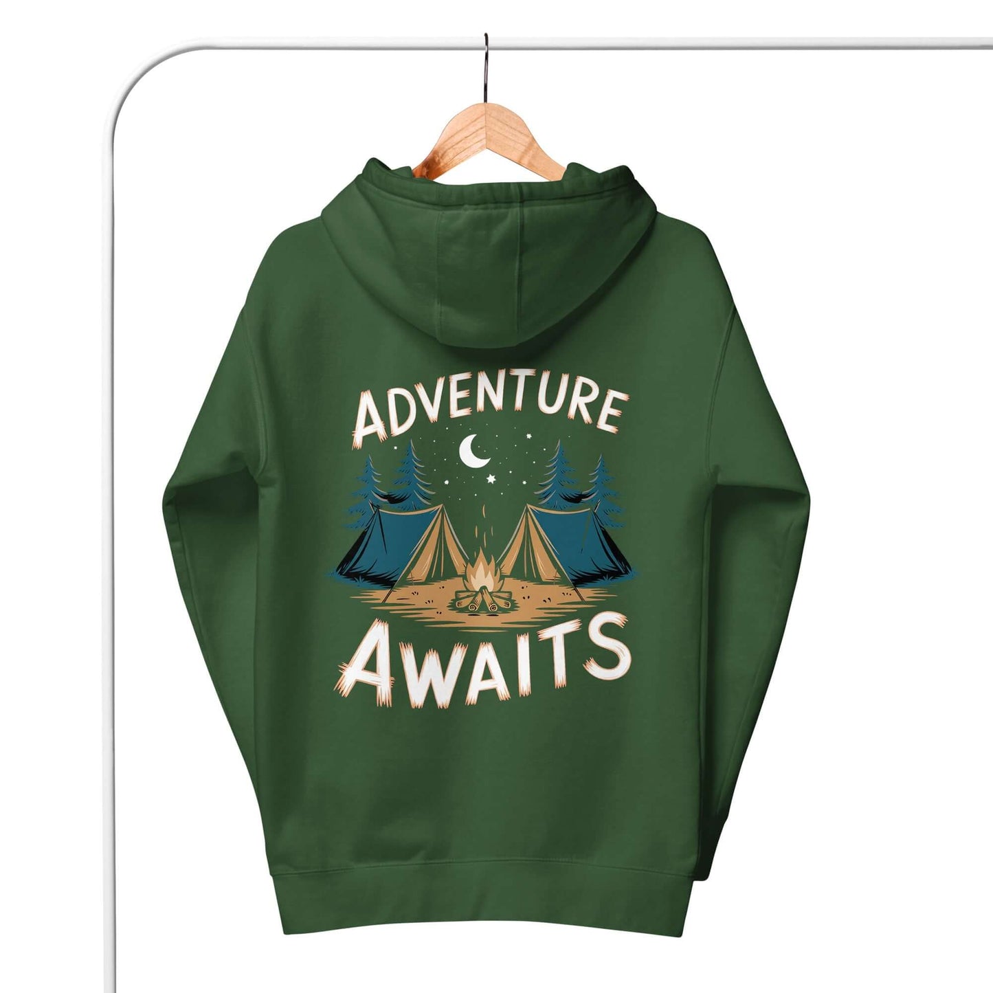 Adult Unisex Hoodie featuring 'Adventure Awaits' design with tents and trees, perfect for camping enthusiasts.