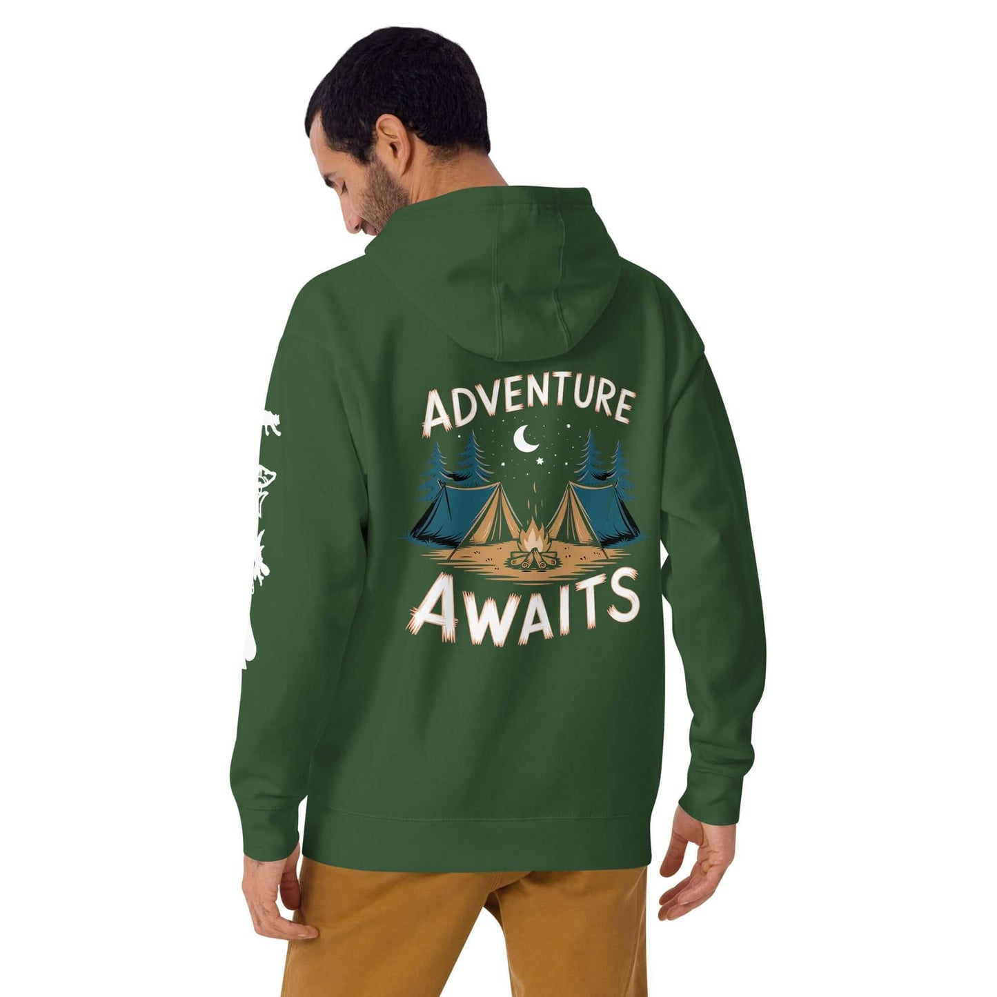 Adult unisex hoodie in green featuring 'Adventure Awaits' design with camping tents, ideal for outdoor enthusiasts.