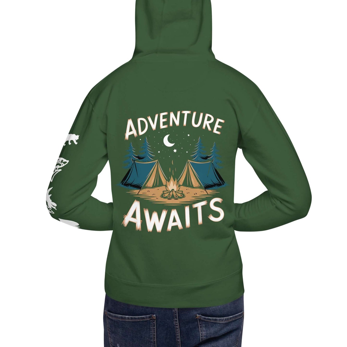 Adult unisex hoodie featuring 'Adventure Awaits' design with camping scene, ideal for outdoor enthusiasts.