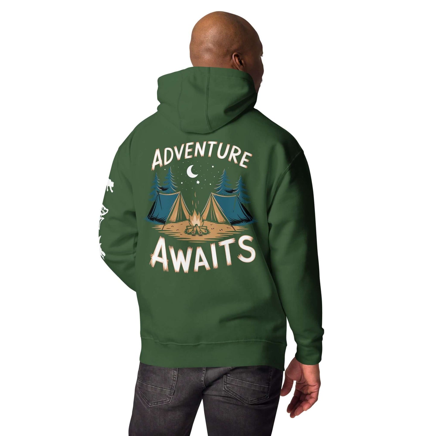 Adult unisex hoodie in green featuring 'Adventure Awaits' with tents and trees on the back, perfect for camping trips.